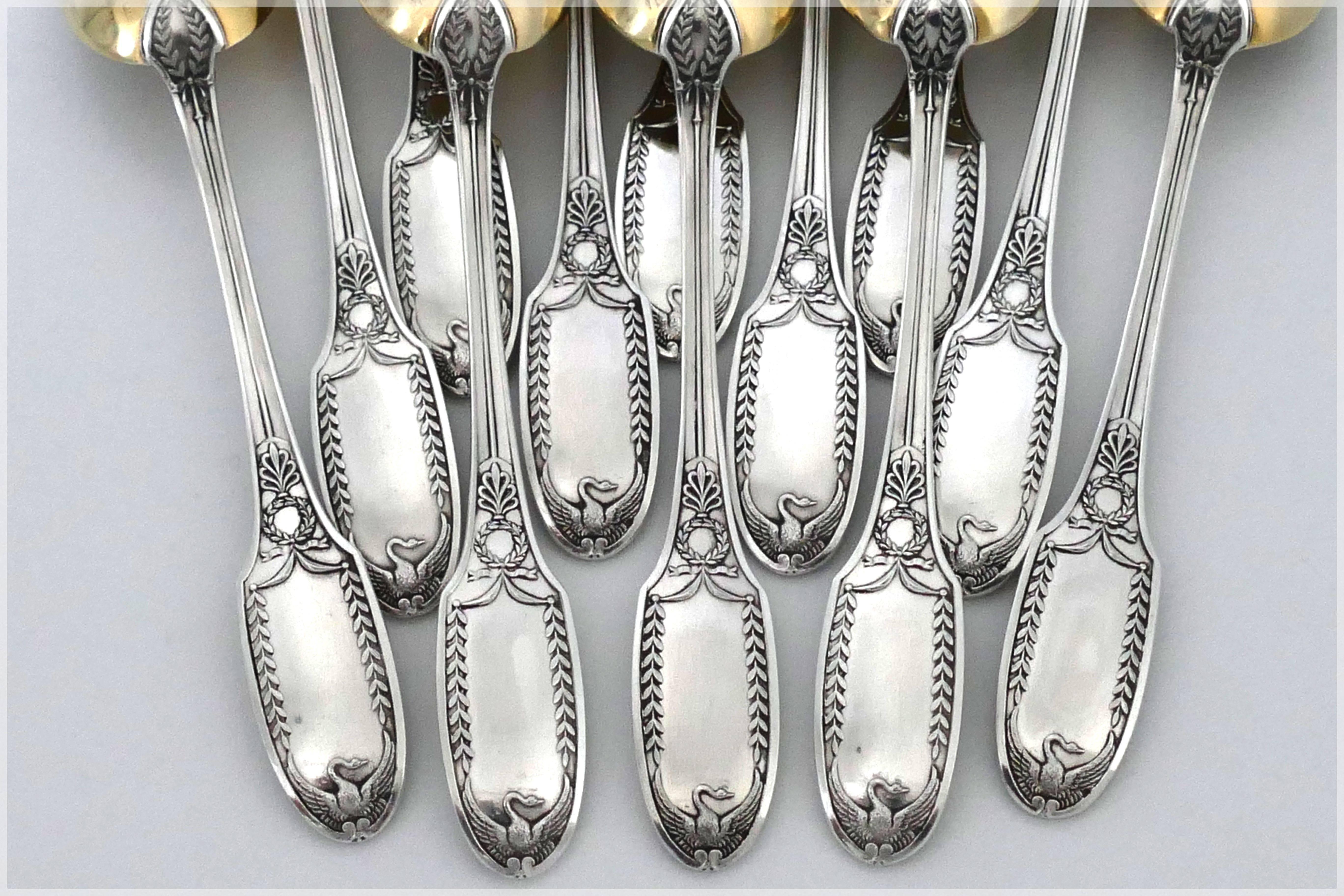 Puiforcat French All Sterling Silver 18-Karat Gold Tea Coffee Spoons Set Swans 3