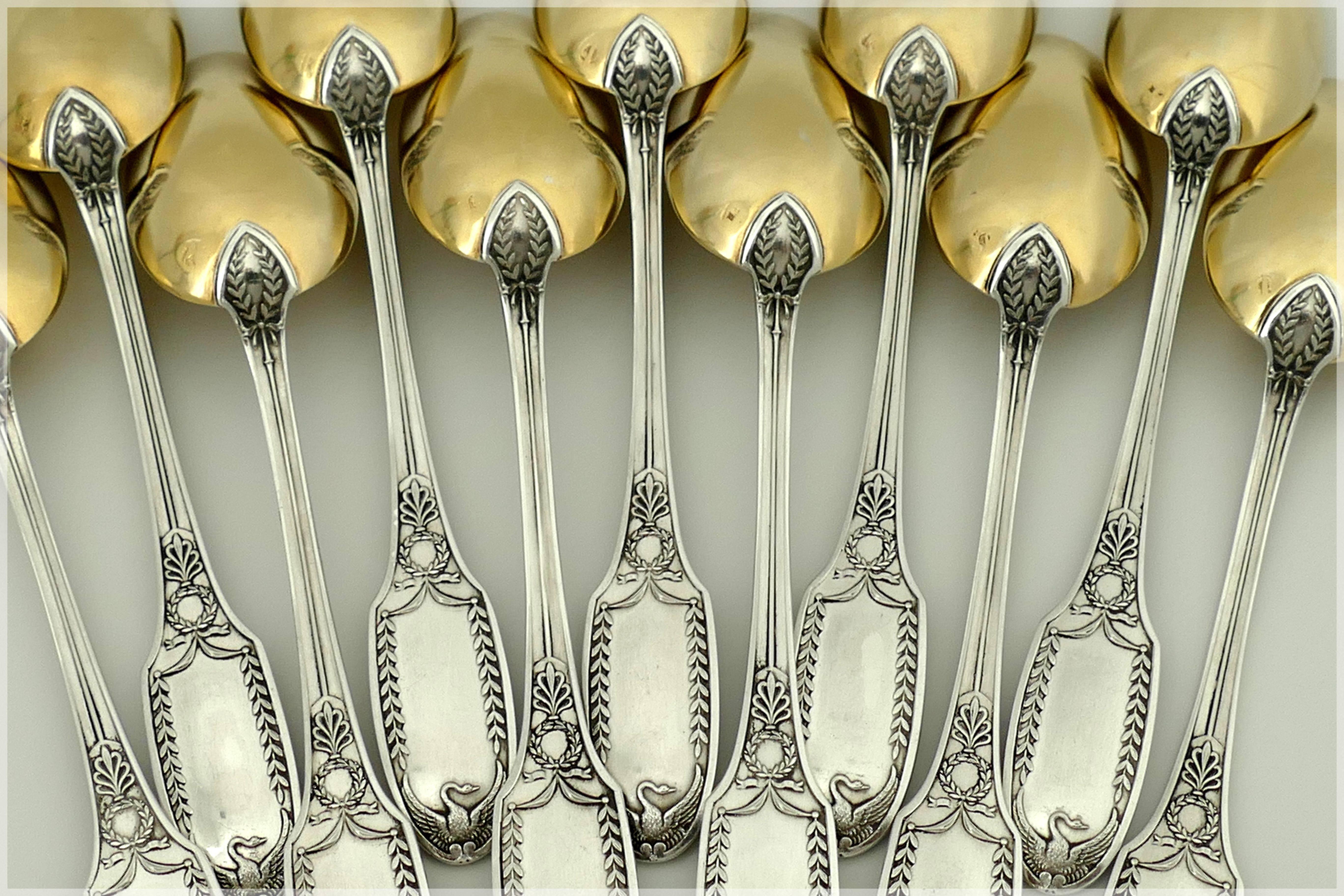 Puiforcat French All Sterling Silver 18-Karat Gold Tea Coffee Spoons Set Swans 4