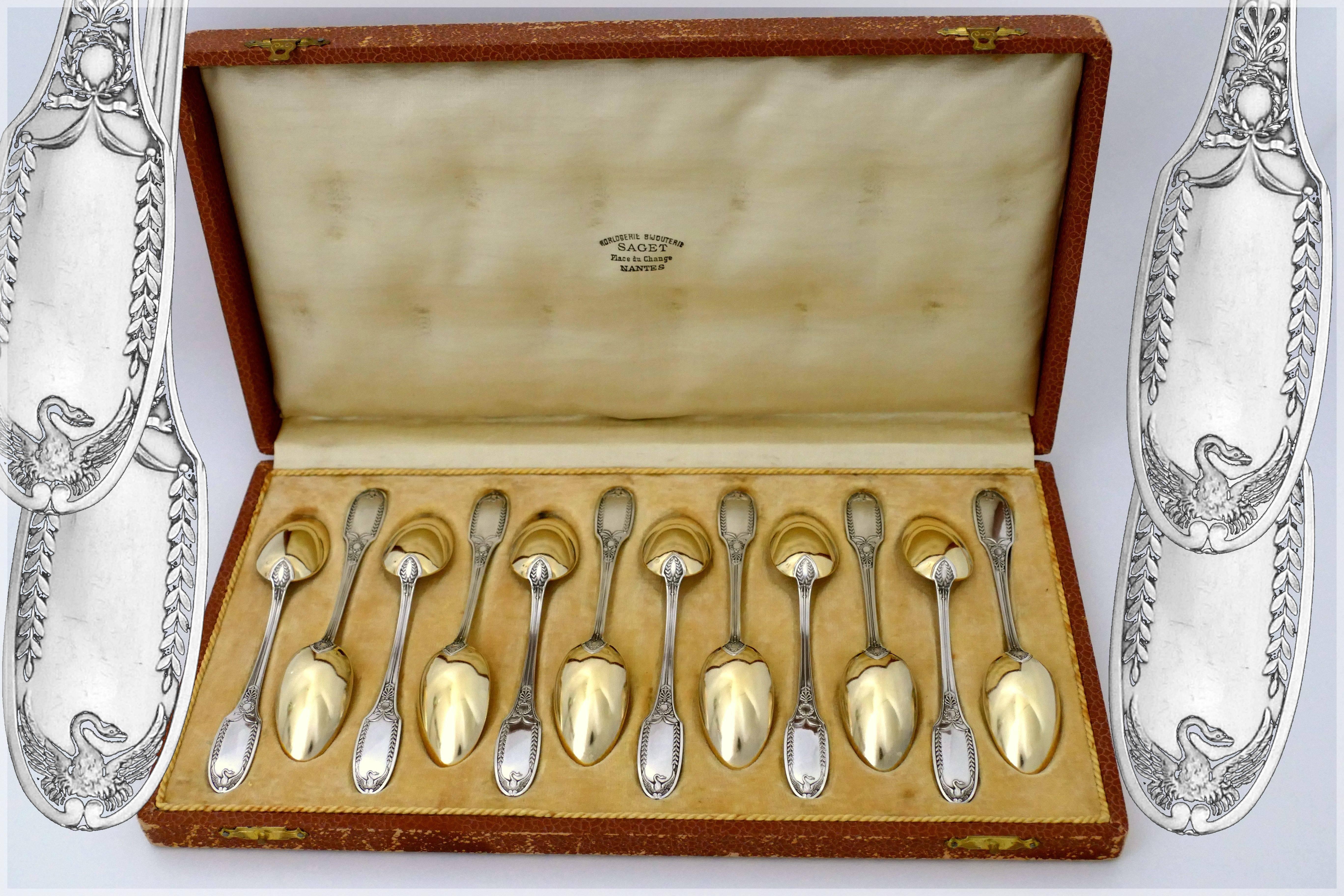 Empire Puiforcat French All Sterling Silver 18-Karat Gold Tea Coffee Spoons Set Swans