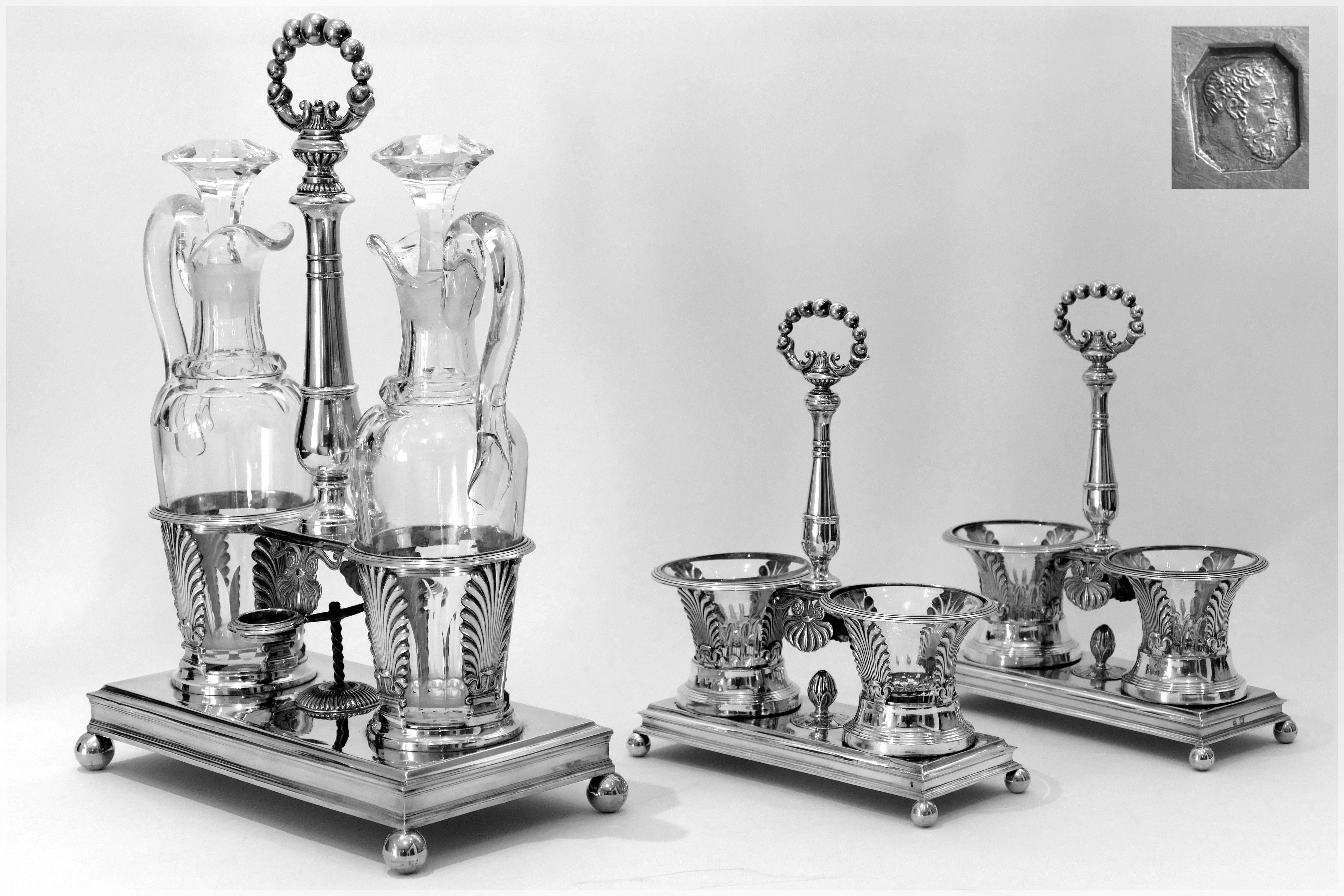 1819 Imposing French Sterling Silver Baccarat Crystal Bottles Condiment Set 1