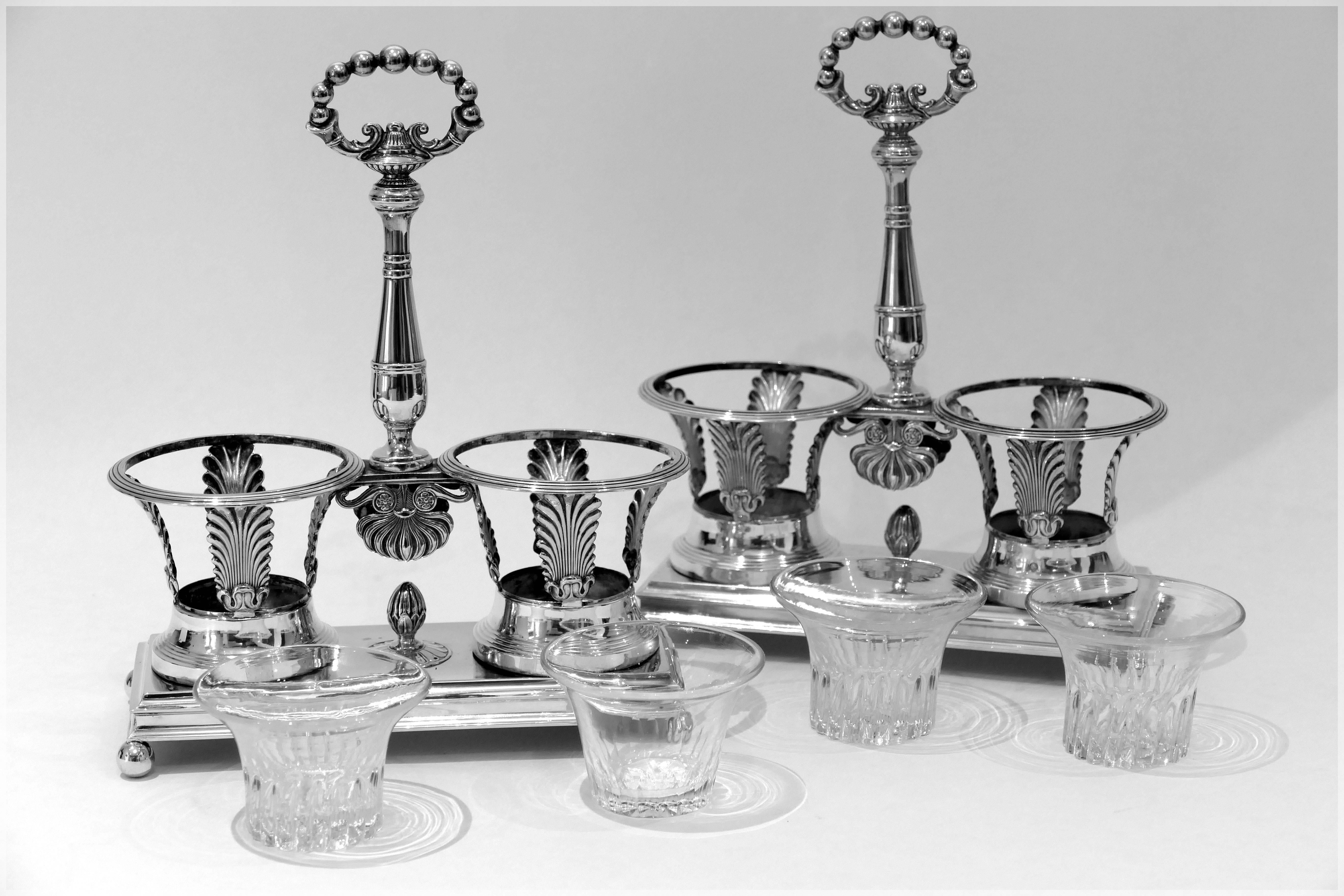 Restauration 1819 Imposing French Sterling Silver Baccarat Crystal Bottles Condiment Set