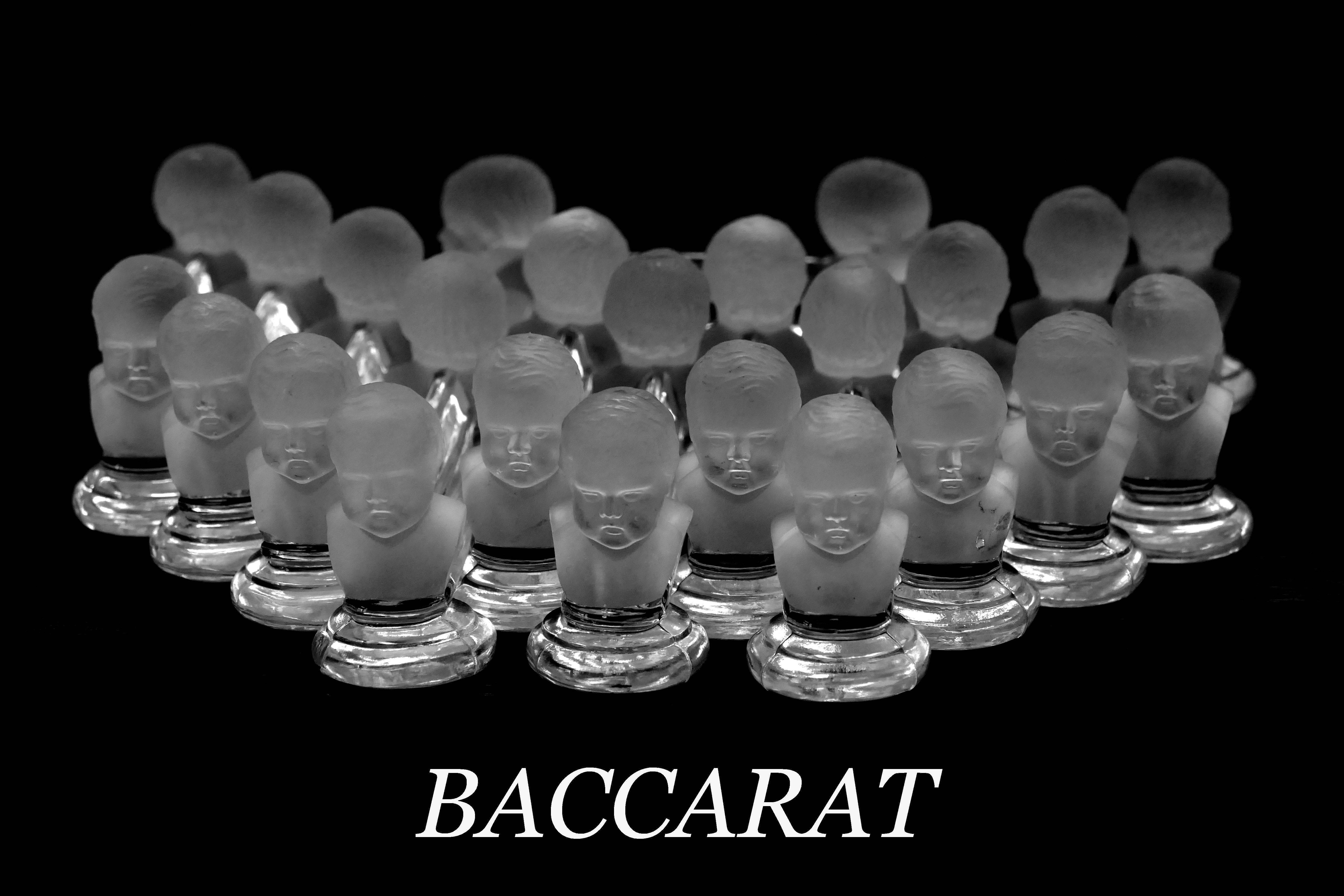 1900 Baccarat French crystal knife rests set twelve pieces cherub model,

12 molded crystal knife rests, translucent satin. Model Houdon adorned with two busts of cherubs.

Busts of the King of Rome: Napoleon III according to Jean Antoine Houdon,