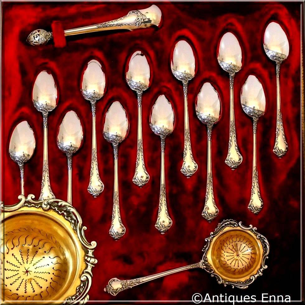 A rare French Sterling silver 18-karat gold tea service 14 pieces, it's a production of sterling silver luxury. This complete set is housed within the original presentation box with compartments for each piece, lever clasp, opening to a cream satin