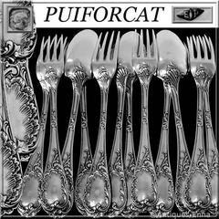 Puiforcat Fabulous French Sterling Silver Dinner Flatware Set 12 Pieces Rococo