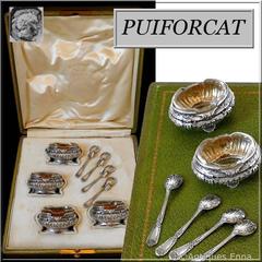 Puiforcat French Sterling Silver 18-Karat Gold Four Salt Cellars, Box, Spoons