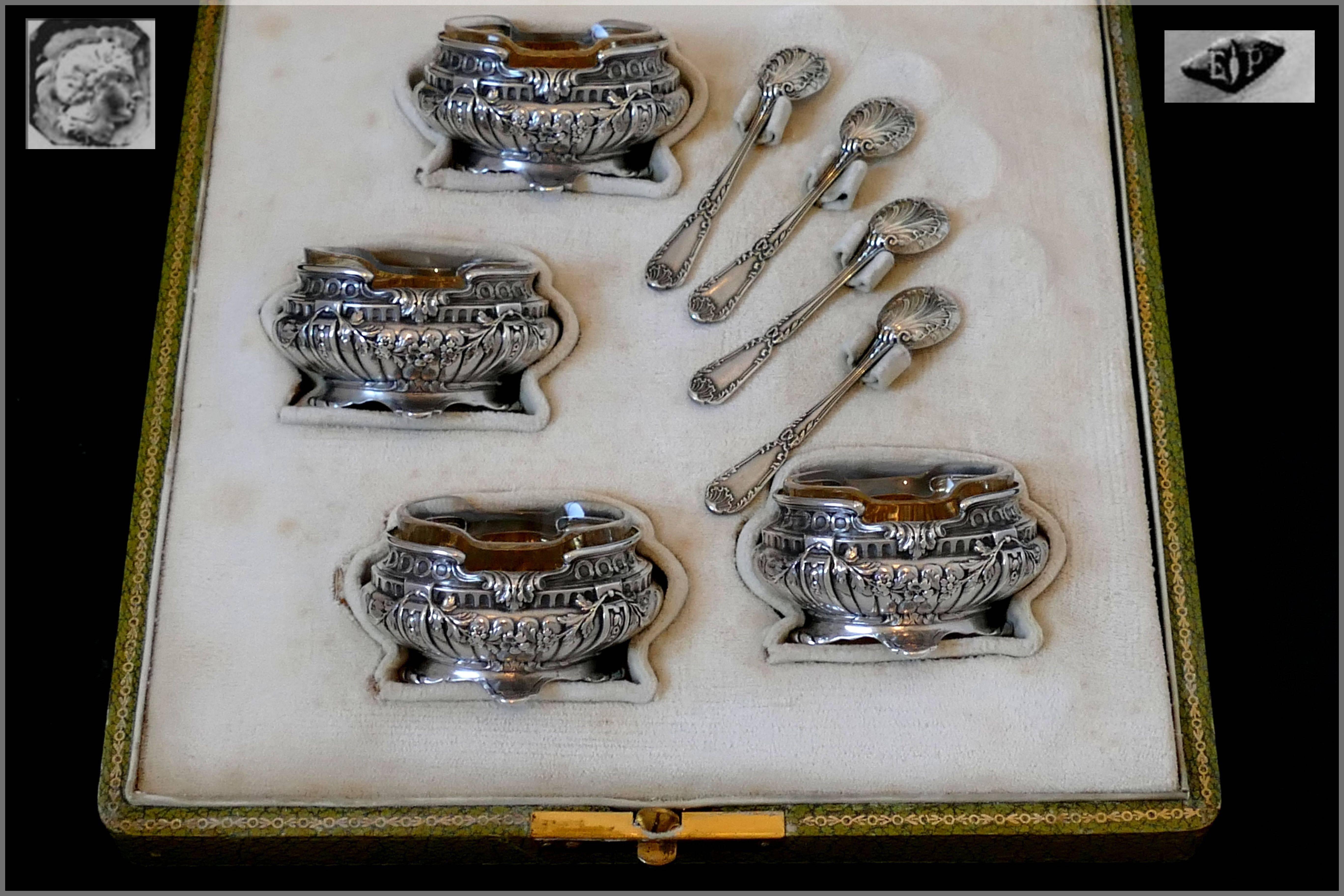Puiforcat French Sterling Silver 18-Karat Gold Four Salt Cellars, Box, Spoons In Excellent Condition In TRIAIZE, PAYS DE LOIRE