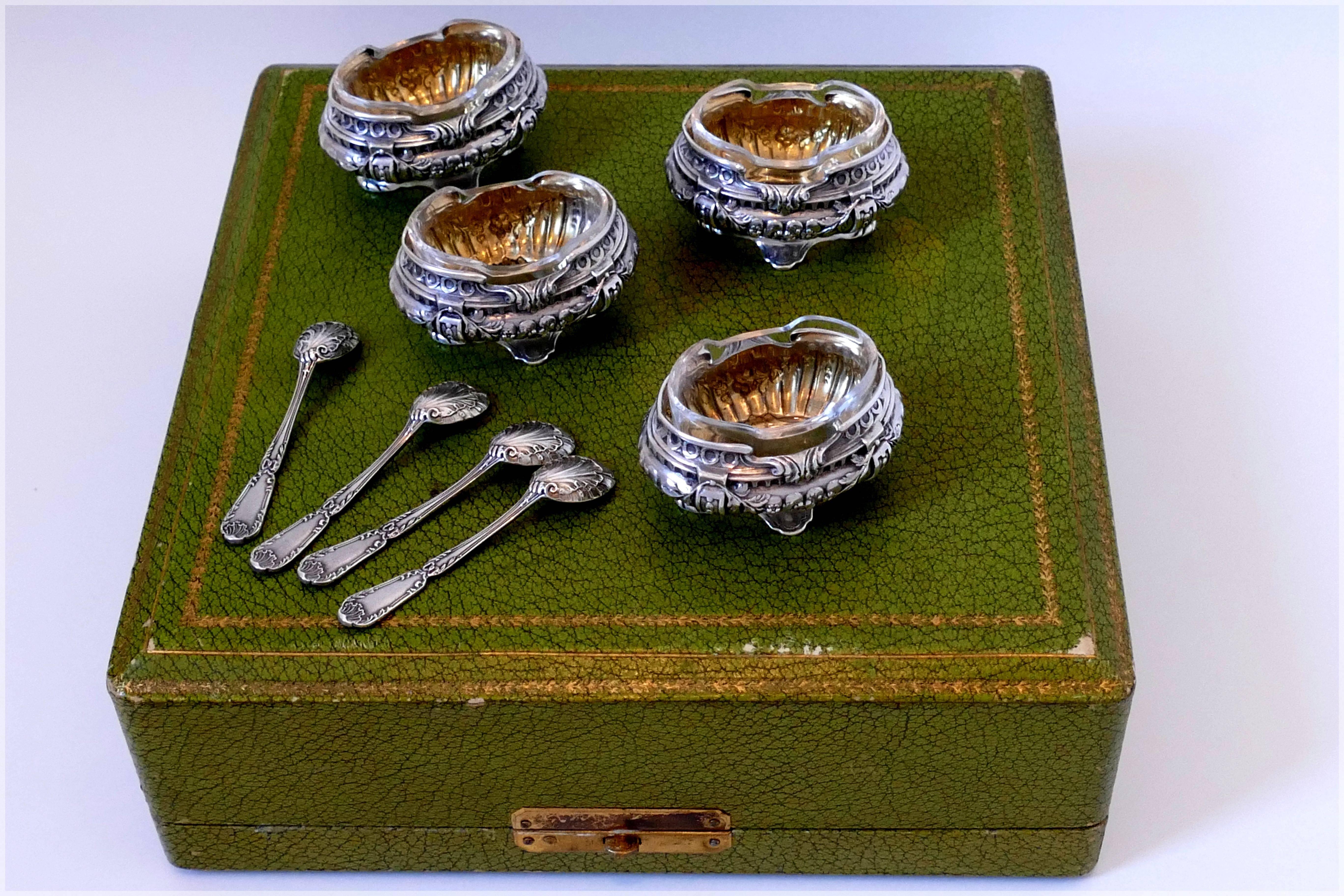 Puiforcat French Sterling Silver 18-Karat Gold Four Salt Cellars, Box, Spoons 5