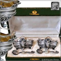 Boivin French Sterling Silver 18-Karat Gold Salt Cellars Pair, Spoons, Box