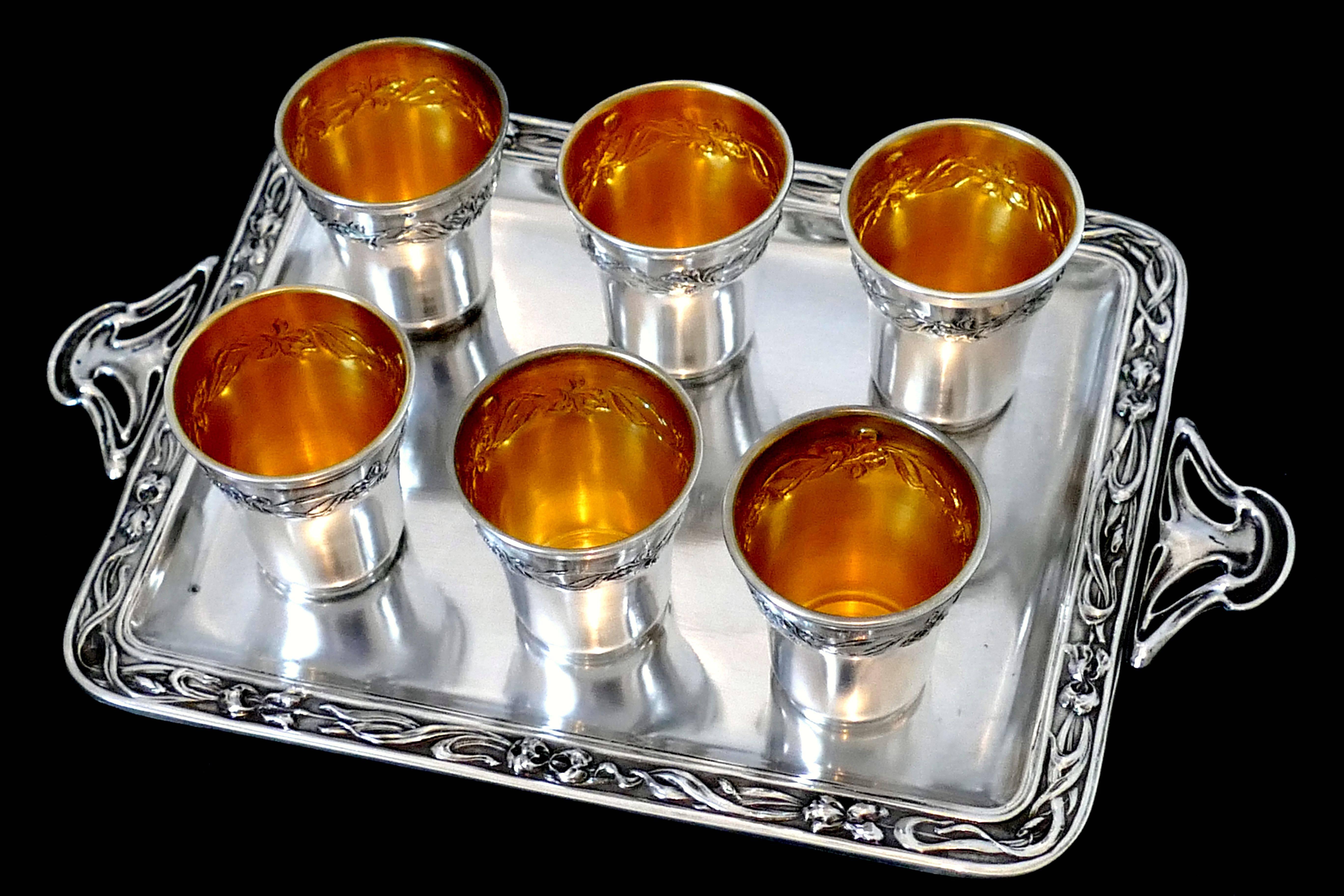 Art Nouveau Rare French sterling silver 18-karat gold liquor cups original tray and box Iris