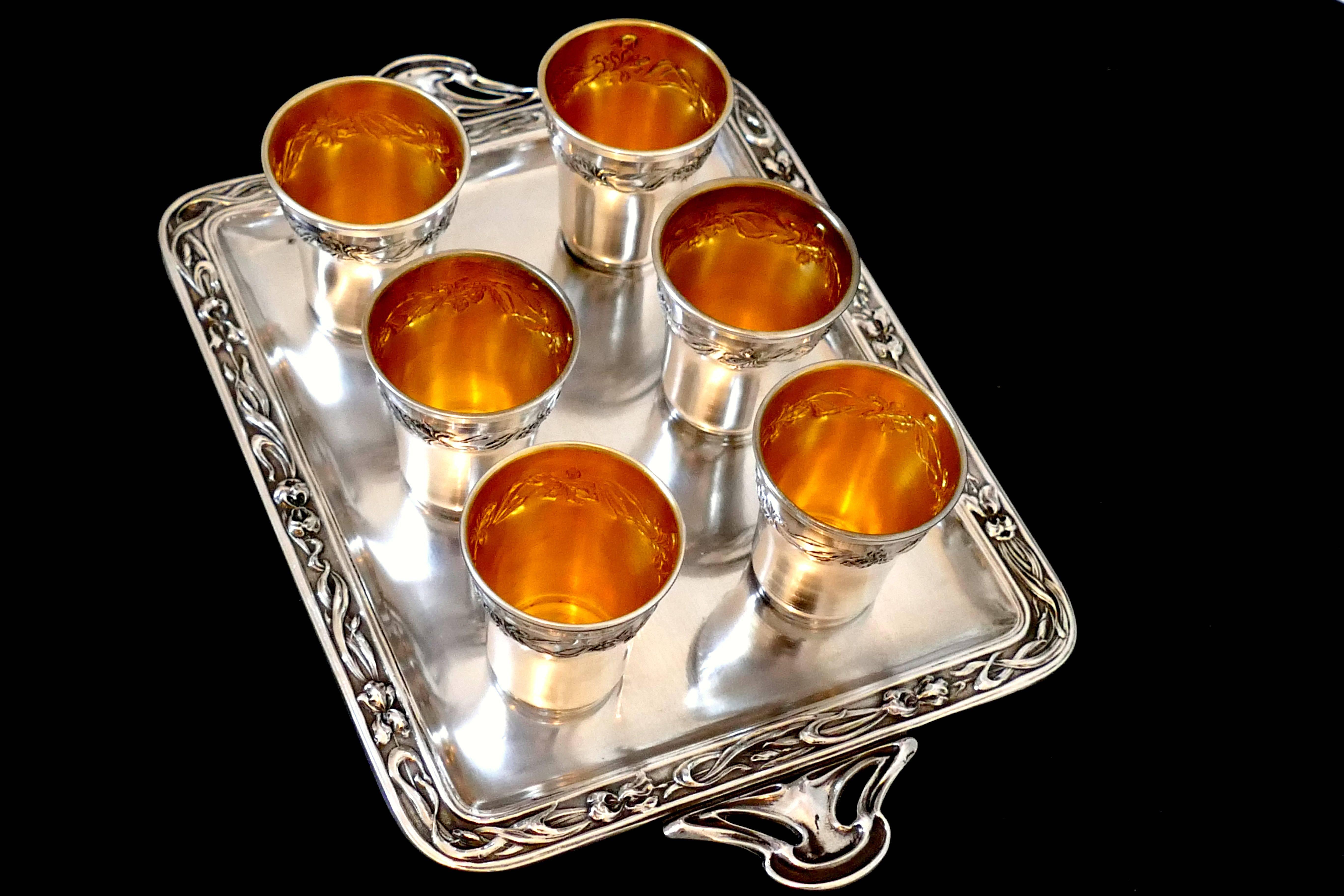 Early 20th Century Rare French sterling silver 18-karat gold liquor cups original tray and box Iris