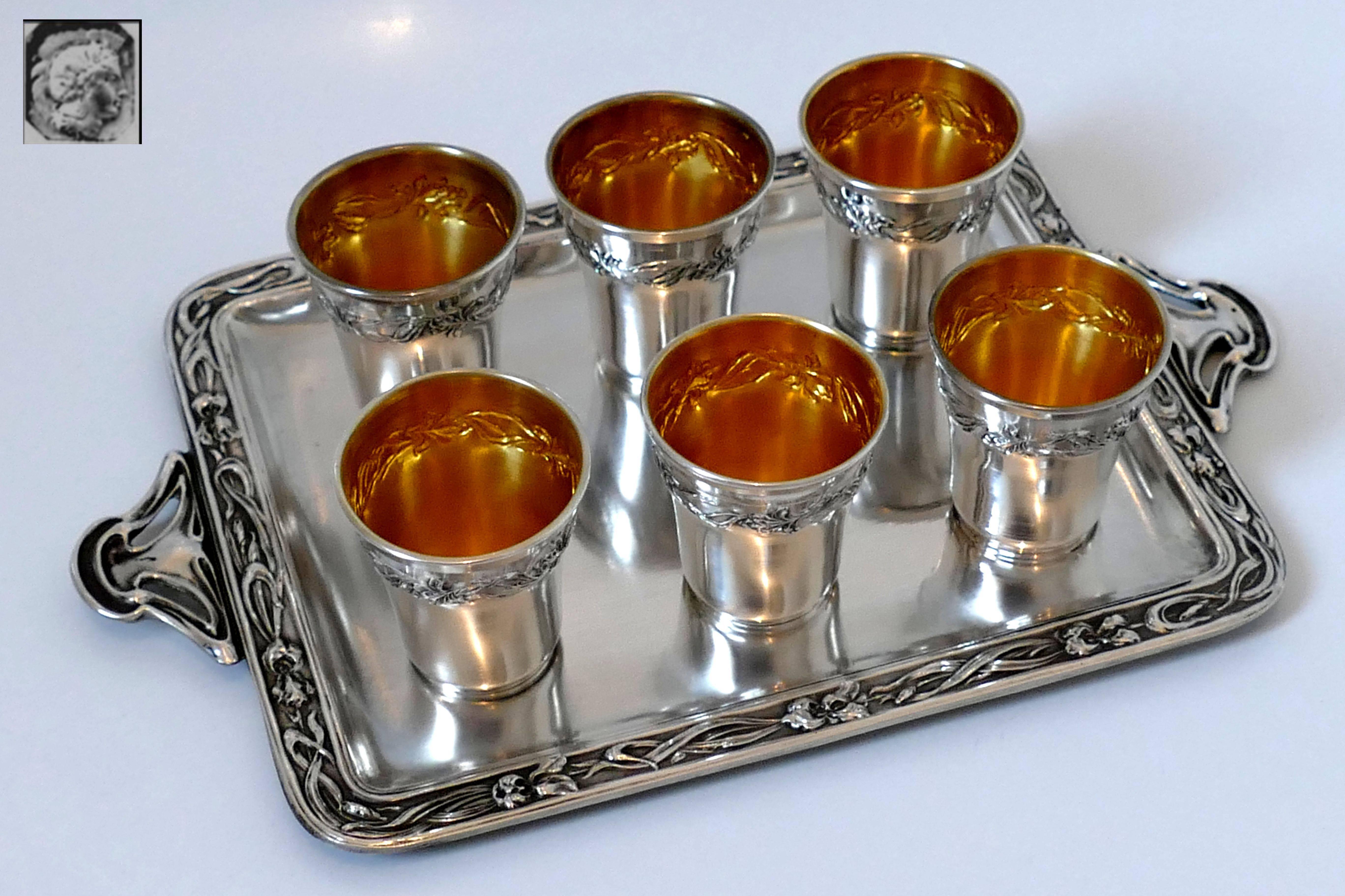 Gold Rare French sterling silver 18-karat gold liquor cups original tray and box Iris