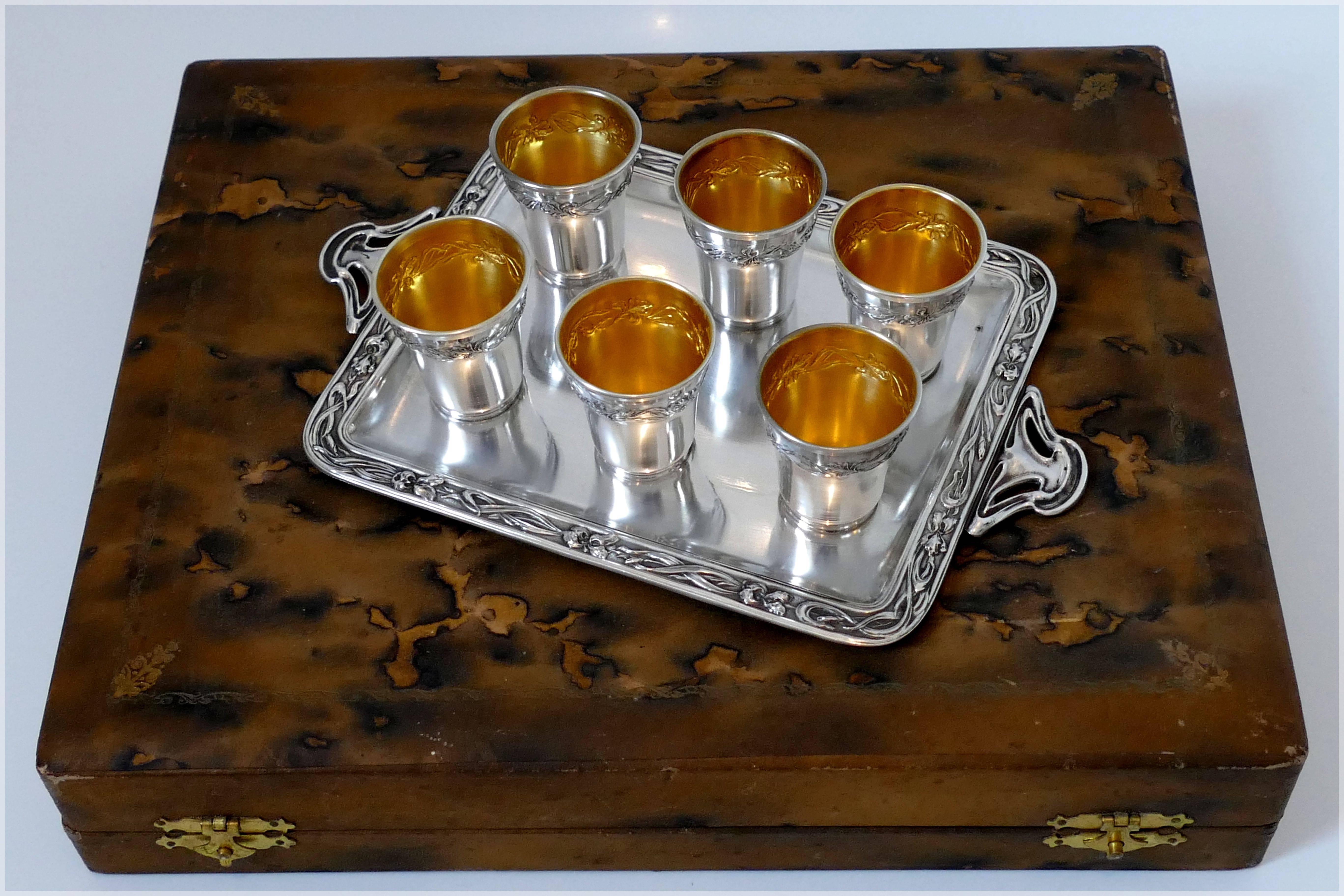 Rare French sterling silver 18-karat gold liquor cups original tray and box Iris 1
