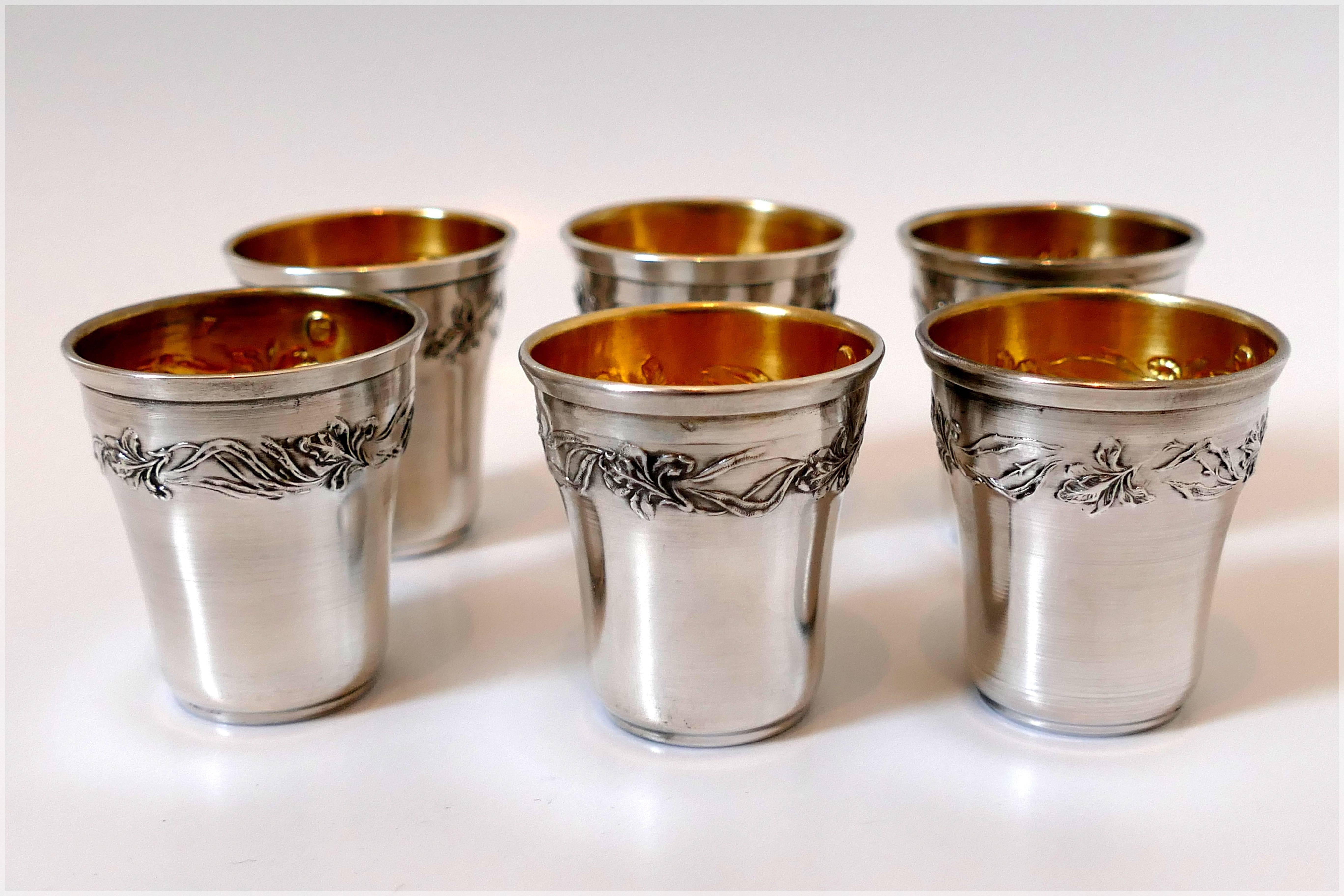 Rare French sterling silver 18-karat gold liquor cups original tray and box Iris 3