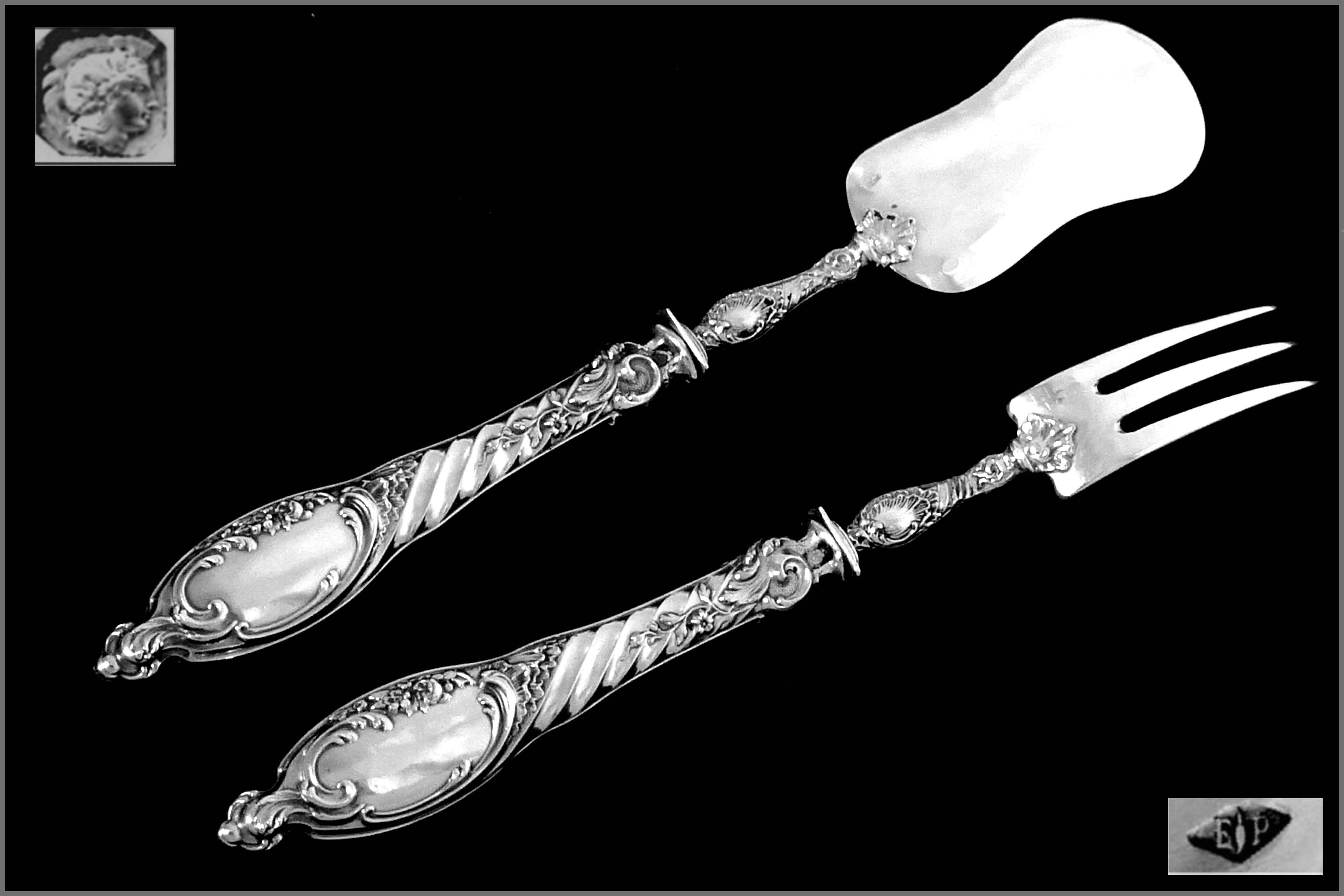 Late 19th Century Puiforcat French All Sterling Silver Dessert Hors D'oeuvre Set Rococo For Sale