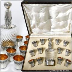 Rare French Sterling Silver 18-Karat Gold Liquor Cups and Decanter, Original Box