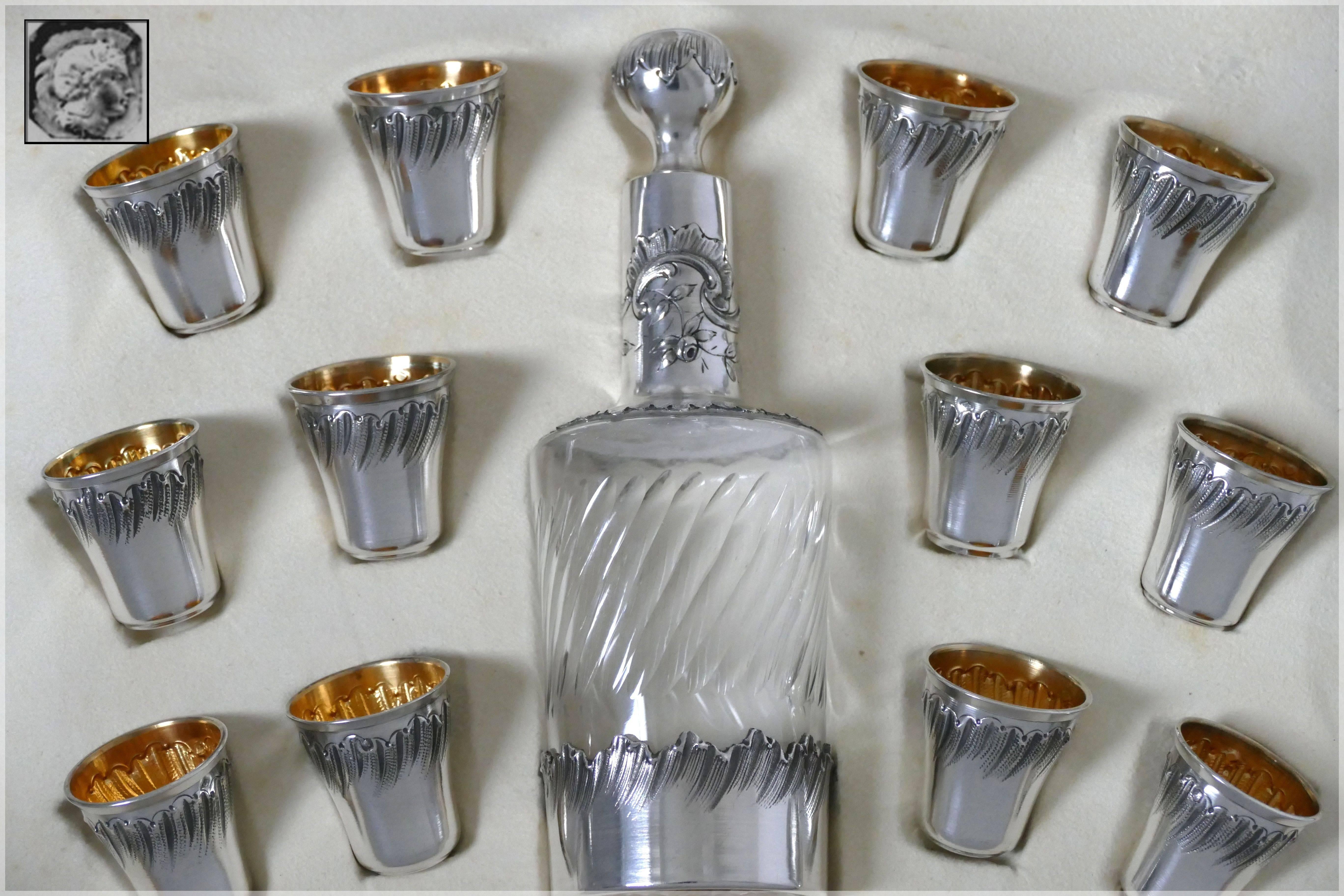 Rococo Rare French Sterling Silver 18-Karat Gold Liquor Cups and Decanter, Original Box