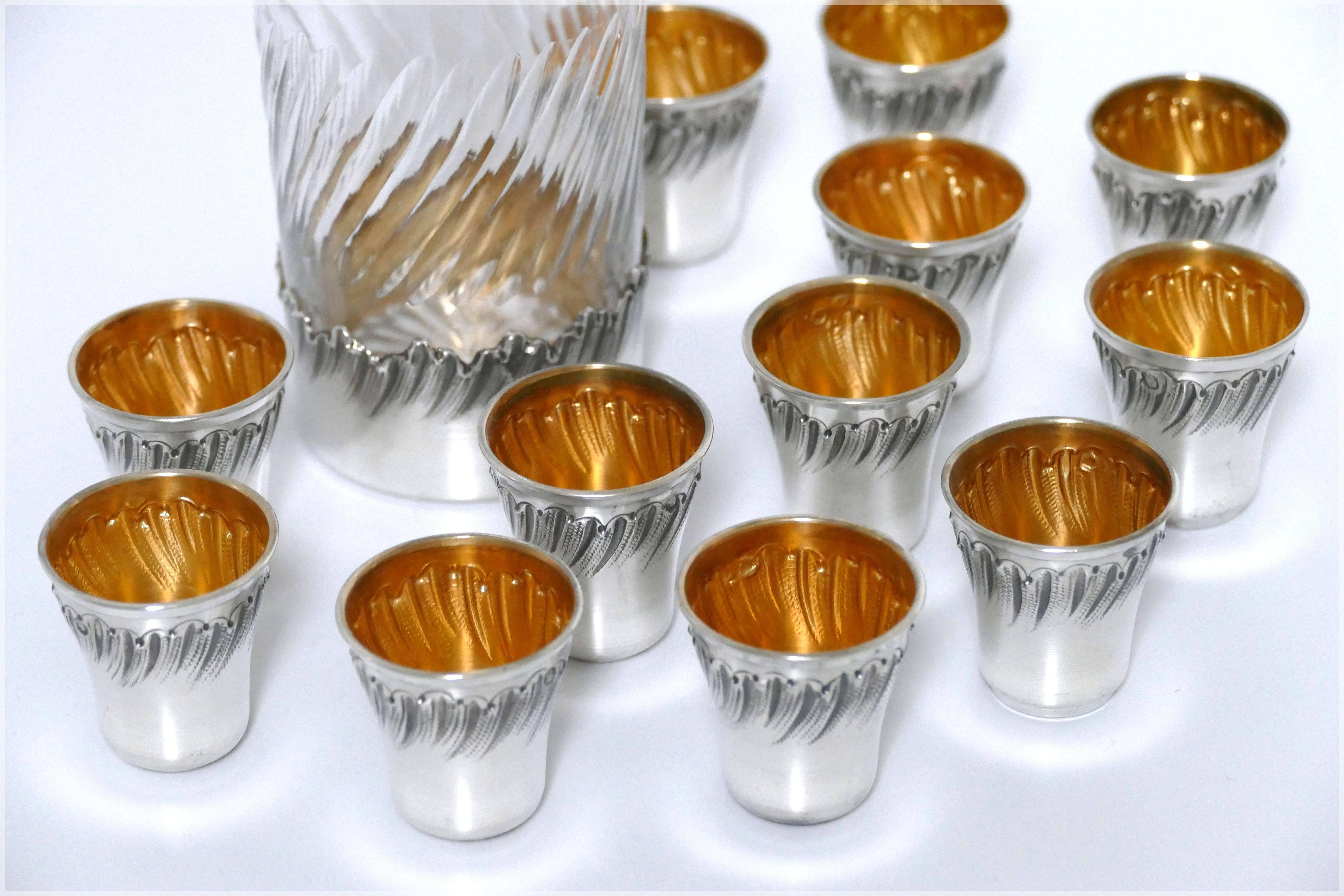 Rare French Sterling Silver 18-Karat Gold Liquor Cups and Decanter, Original Box 3