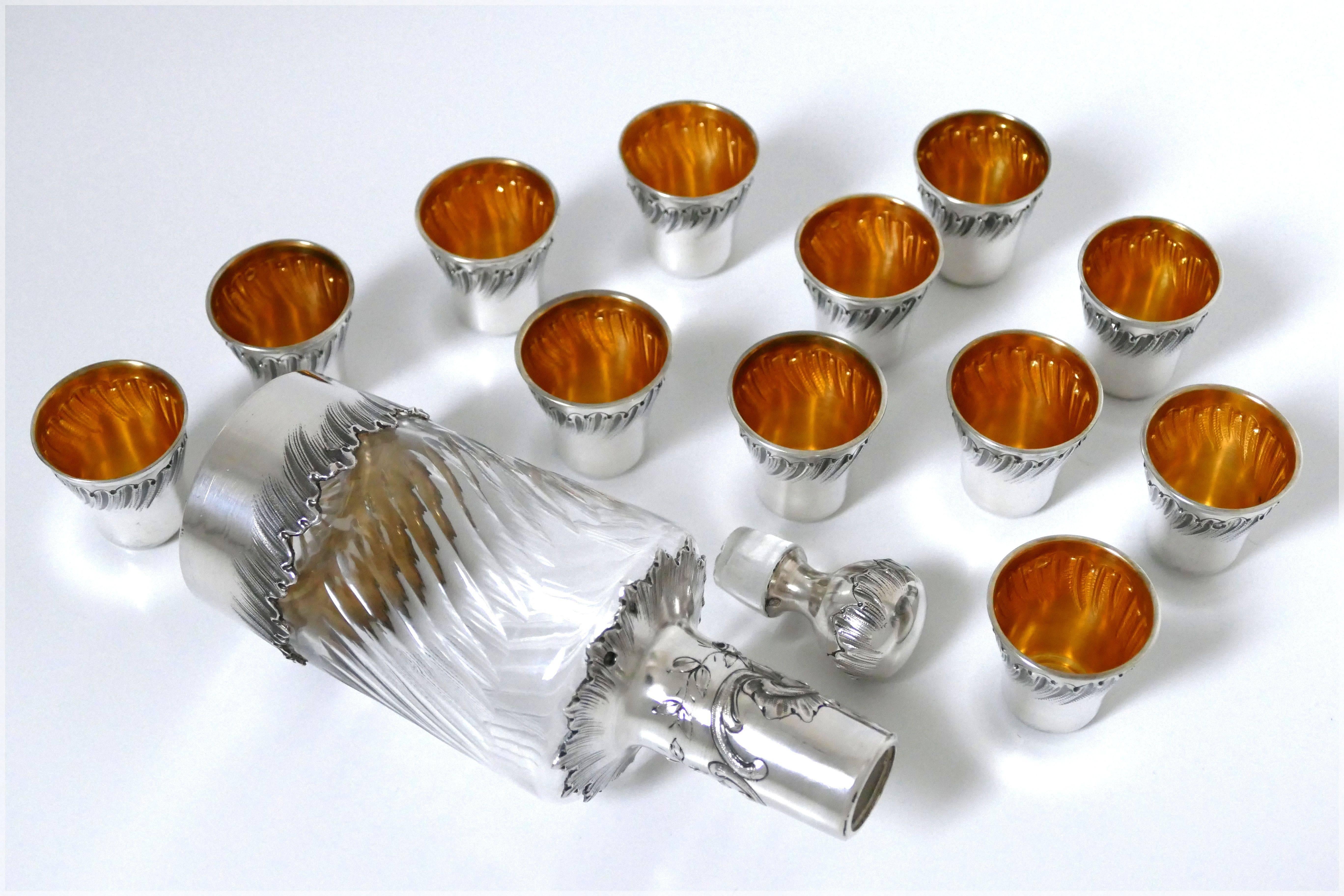 Late 19th Century Rare French Sterling Silver 18-Karat Gold Liquor Cups and Decanter, Original Box