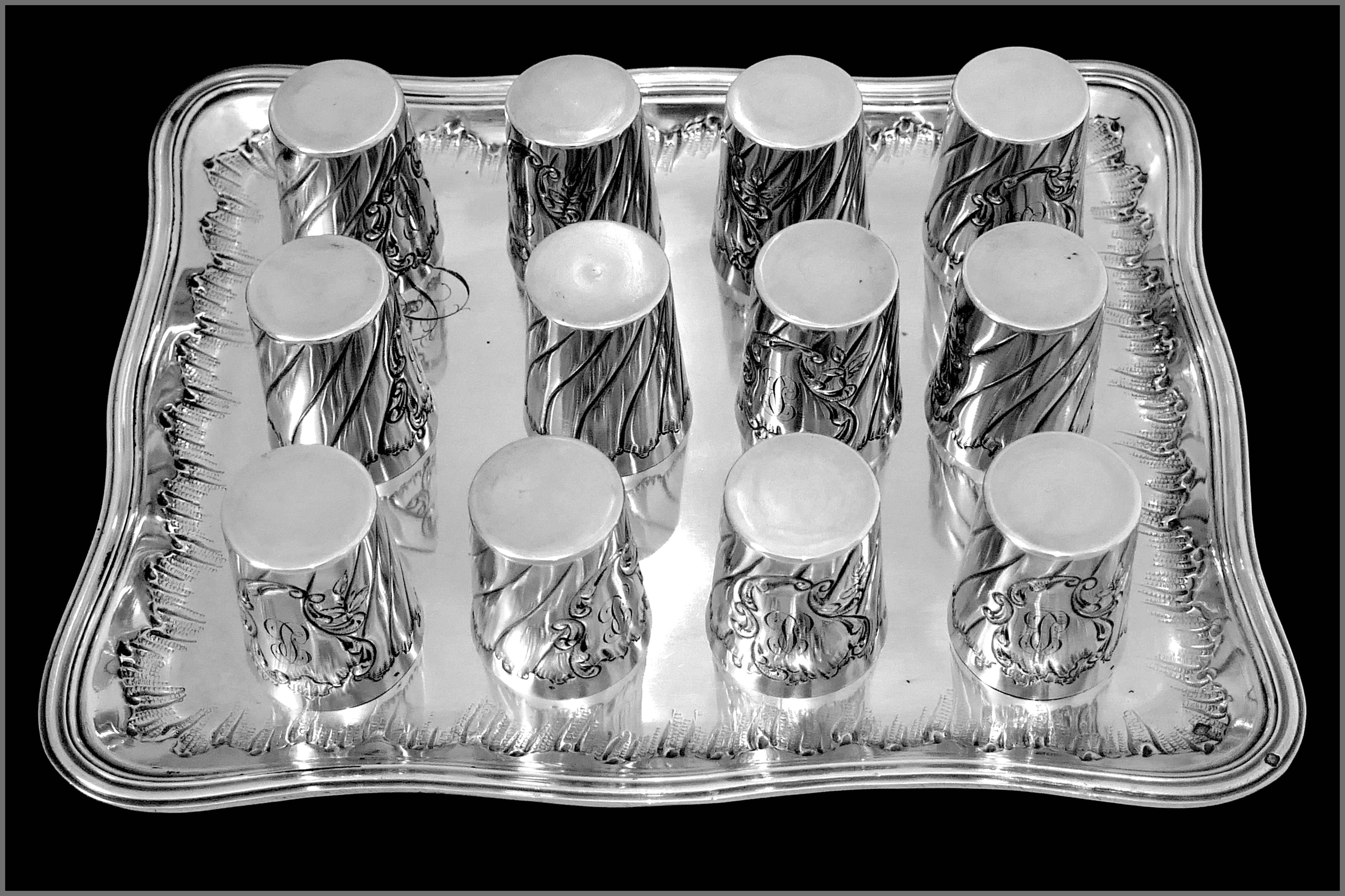 Rare French Sterling Silver 18-Karat Gold Liquor Cups with Original Tray and Box 1