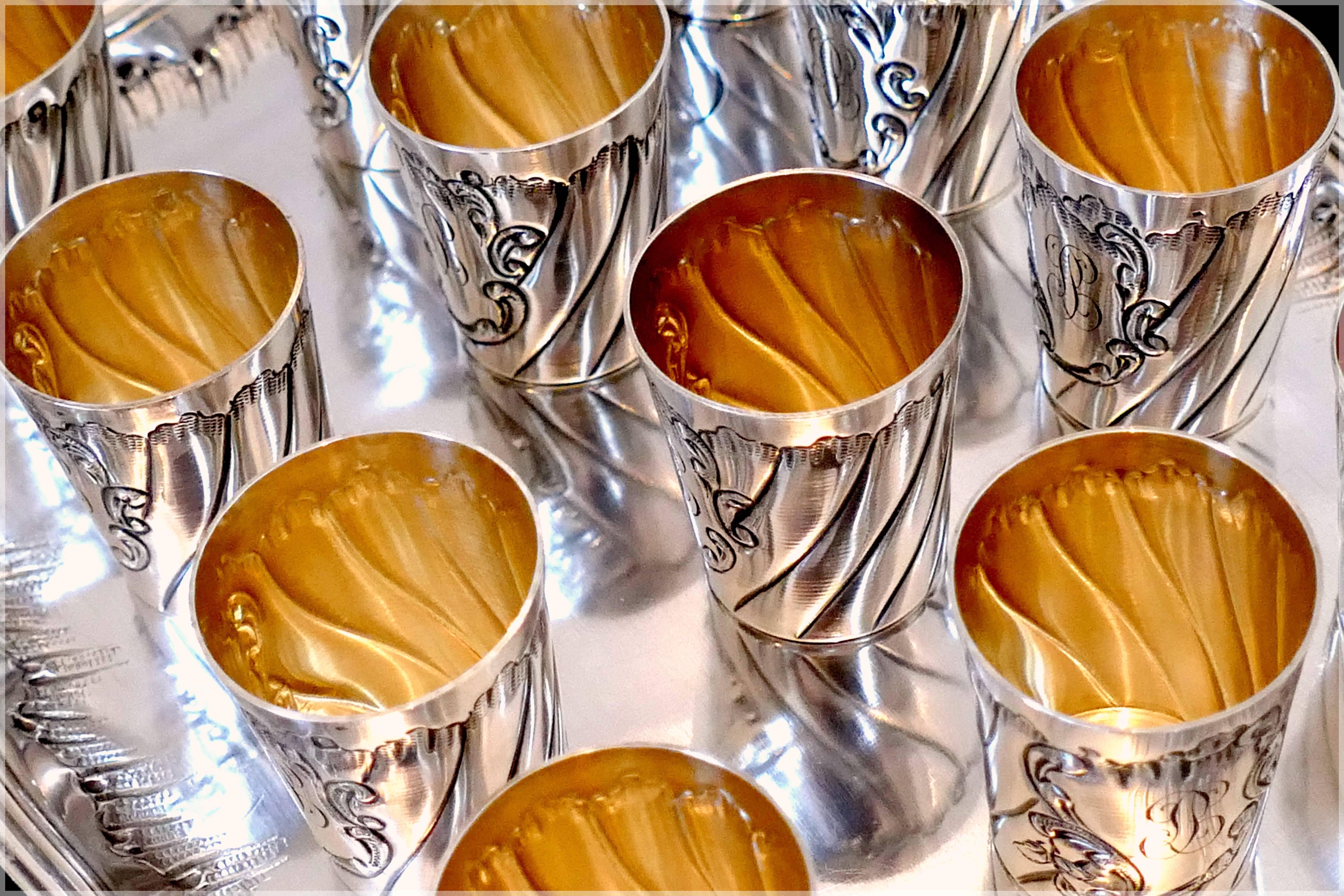 Rare French Sterling Silver 18-Karat Gold Liquor Cups with Original Tray and Box 2