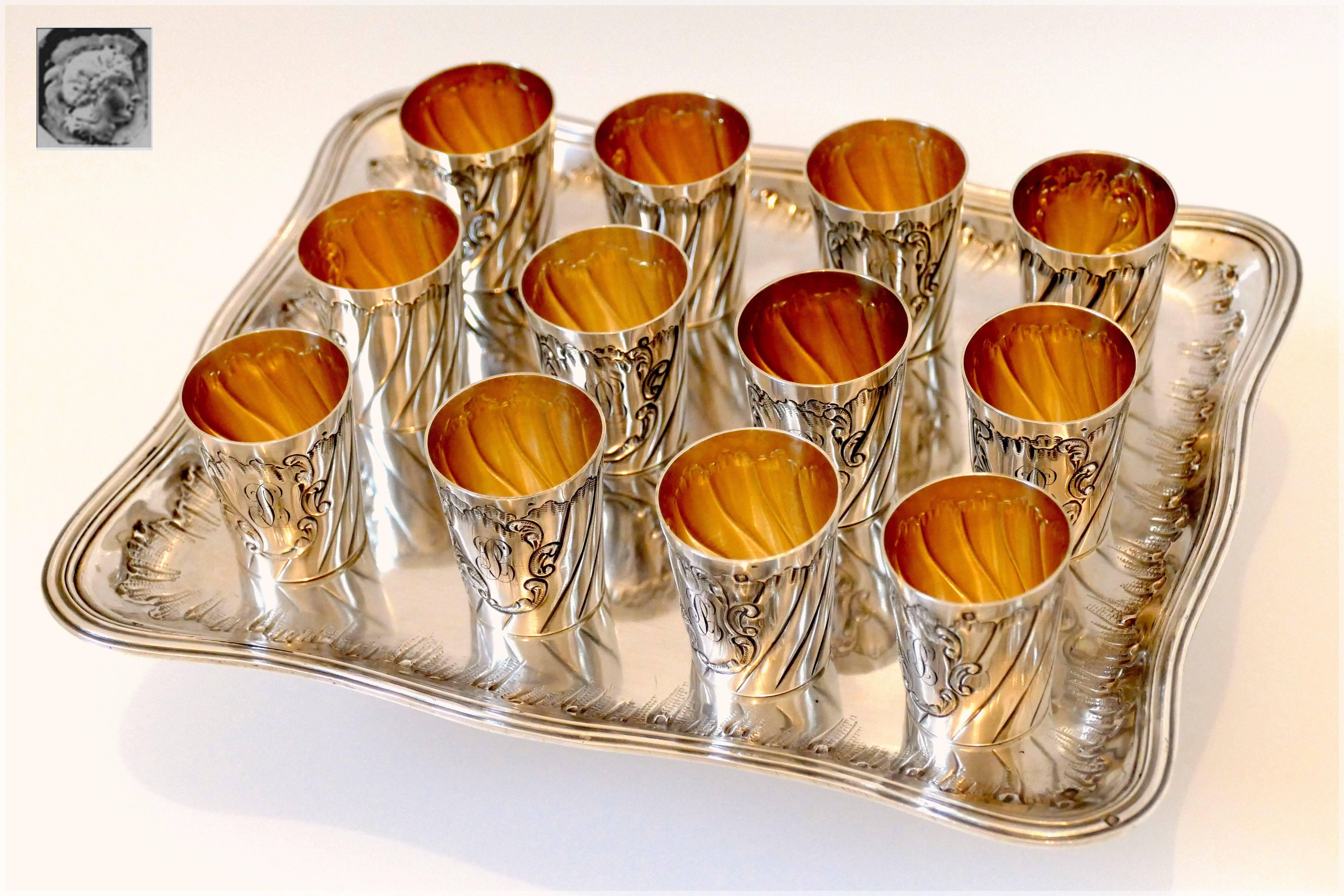 Rare French Sterling Silver 18-Karat Gold Liquor Cups with Original Tray and Box 5