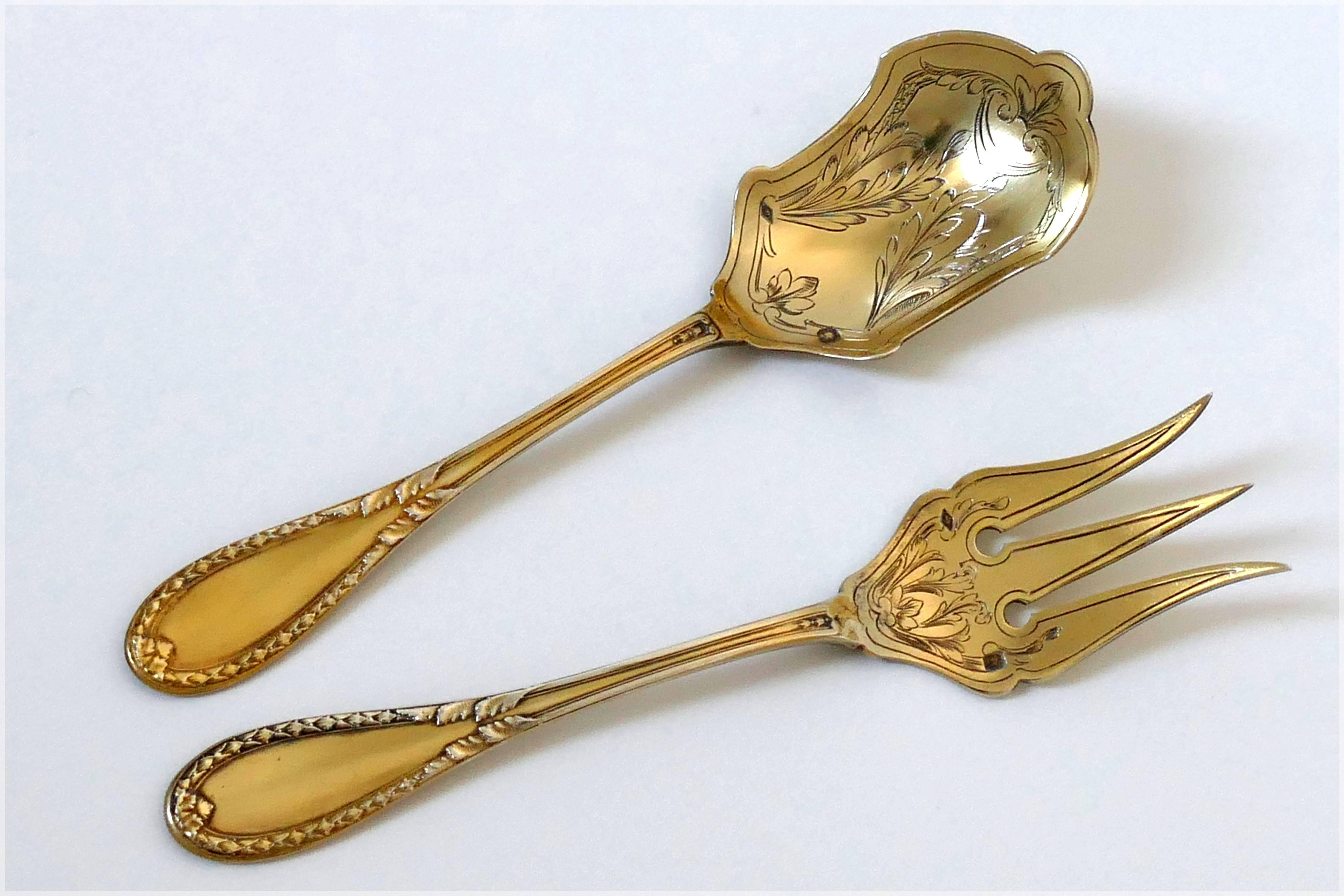 Early 20th Century Lapparra French Sterling Silver 18-Karat Gold Hors D'oeuvre Dessert Set Box For Sale