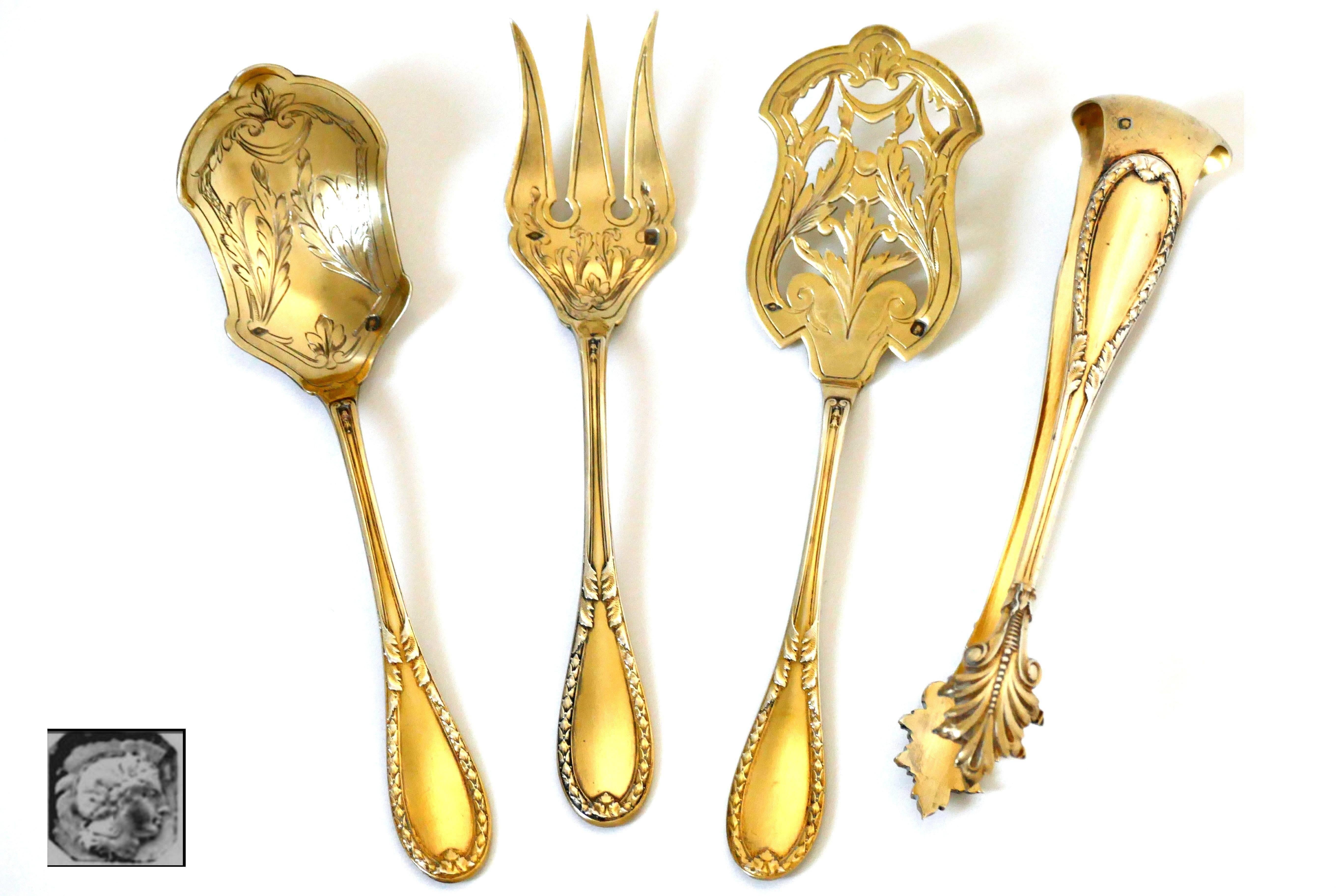 Neoclassical Lapparra French Sterling Silver 18-Karat Gold Hors D'oeuvre Dessert Set Box For Sale