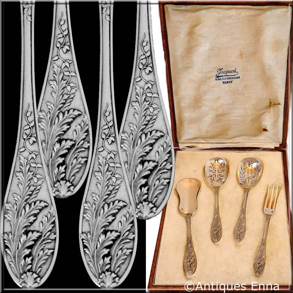 Barrier French all sterling silver dessert Hors D'oeuvre set of four pieces box foliage.

Head of Minerve 2nd titre for 800/1000 French sterling silver guarantee.

Four pieces of truly exceptional quality, for the richness of their Art Nouveau