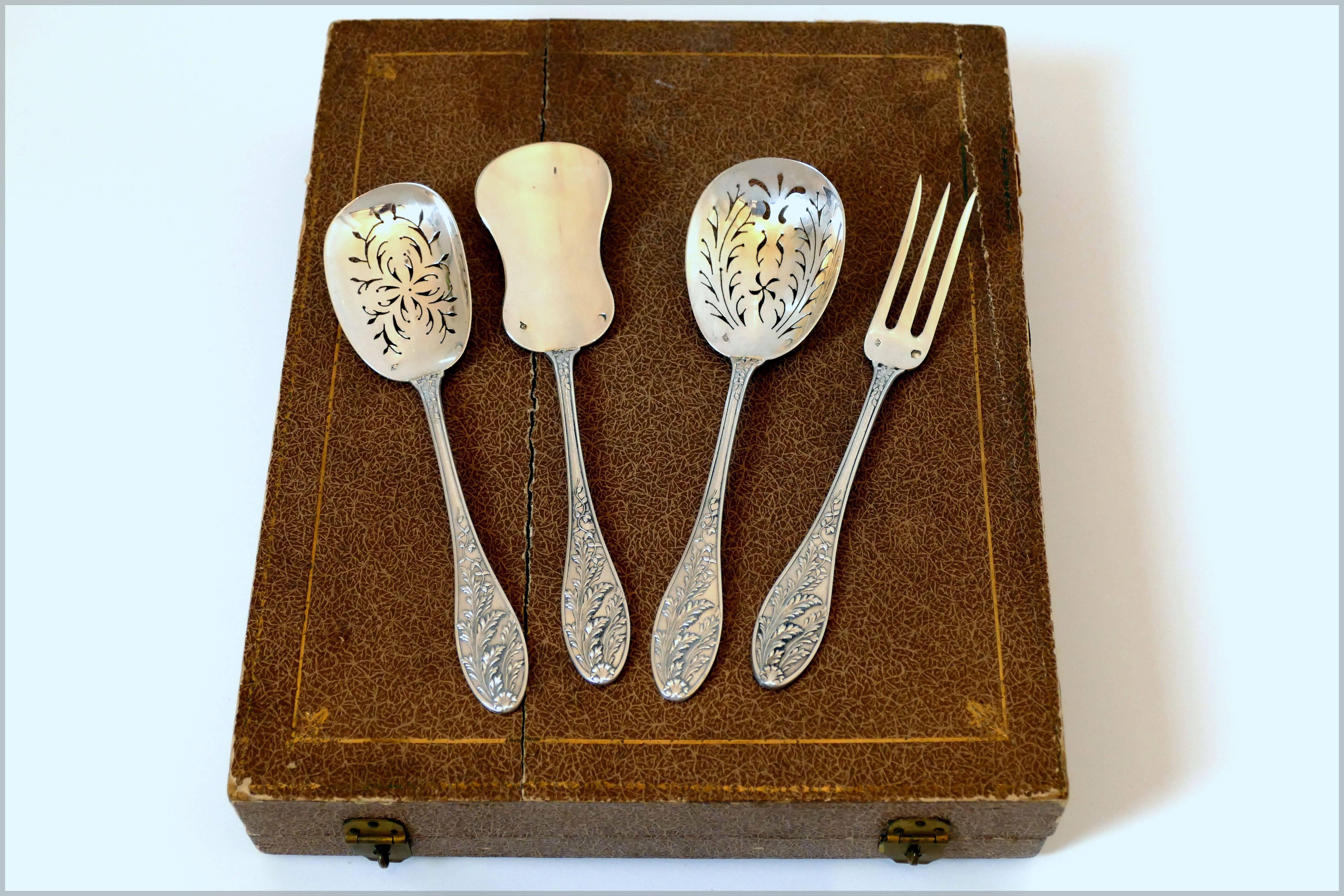Barrier French All Sterling Silver Dessert Hors D'oeuvre Set Box Foliage 4