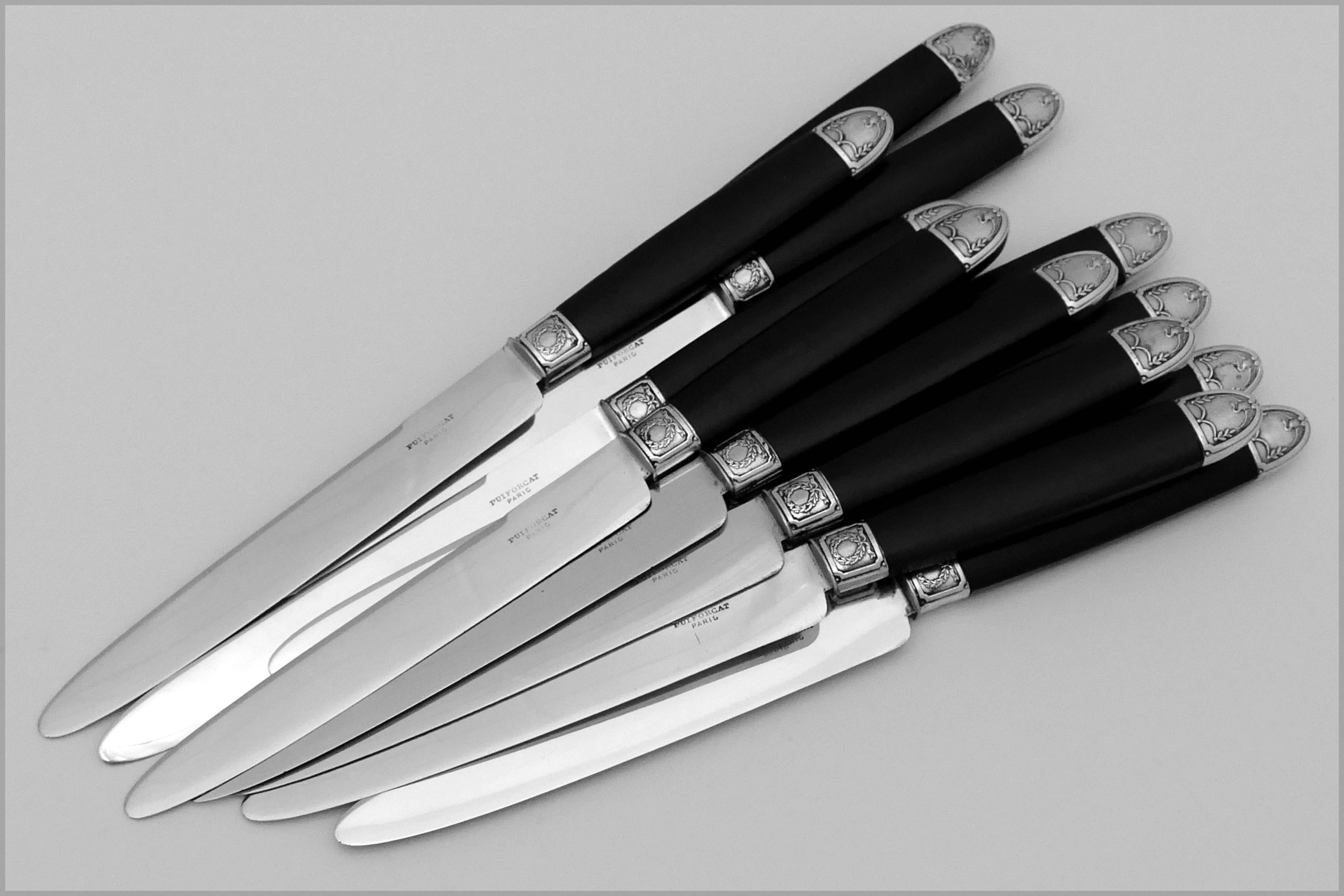 Early 20th Century Puiforcat Rare French Sterling Silver Ebony Dinner Knife Set of 12 Pieces, Swans