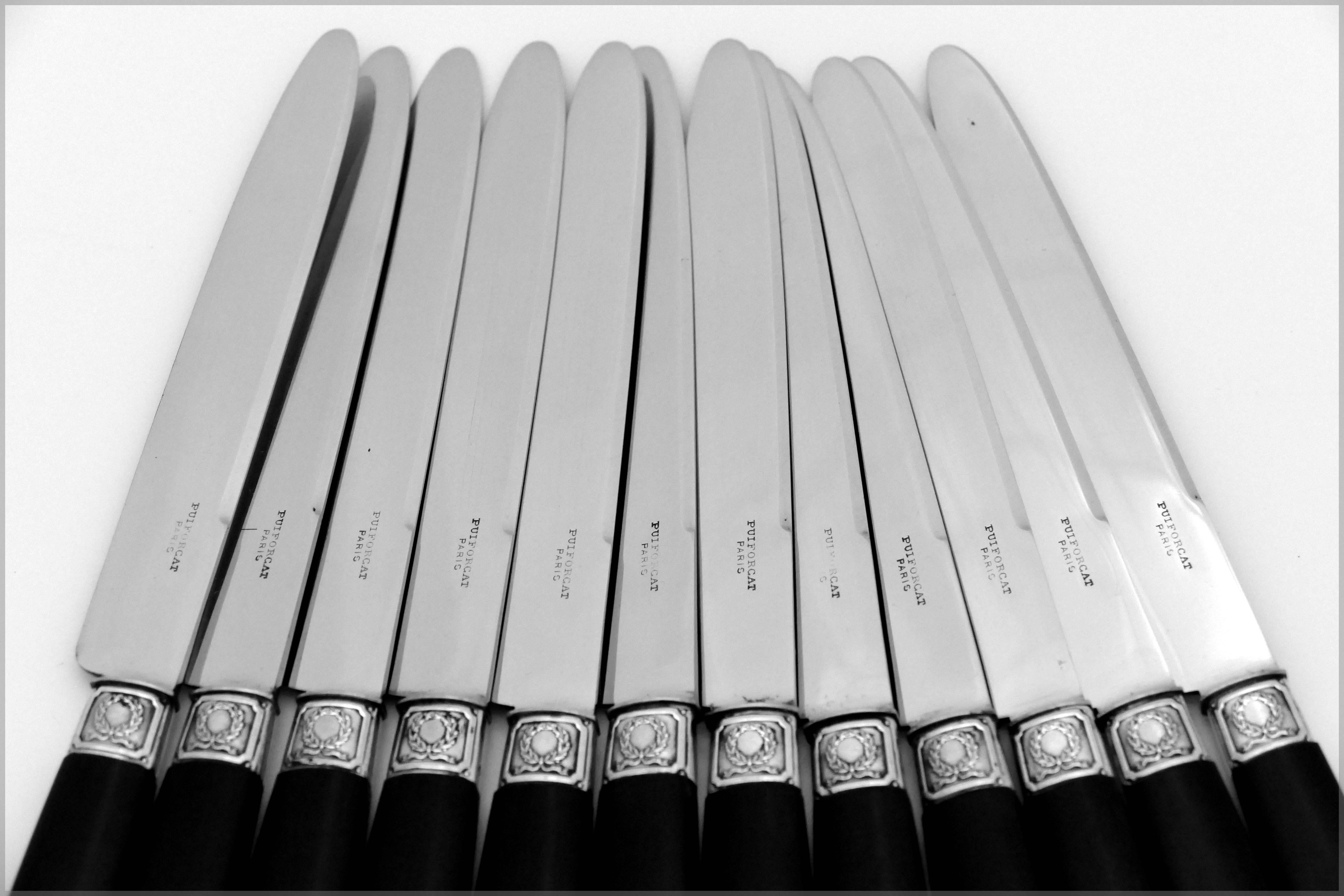 Puiforcat Rare French Sterling Silver Ebony Dinner Knife Set of 12 Pieces, Swans 2
