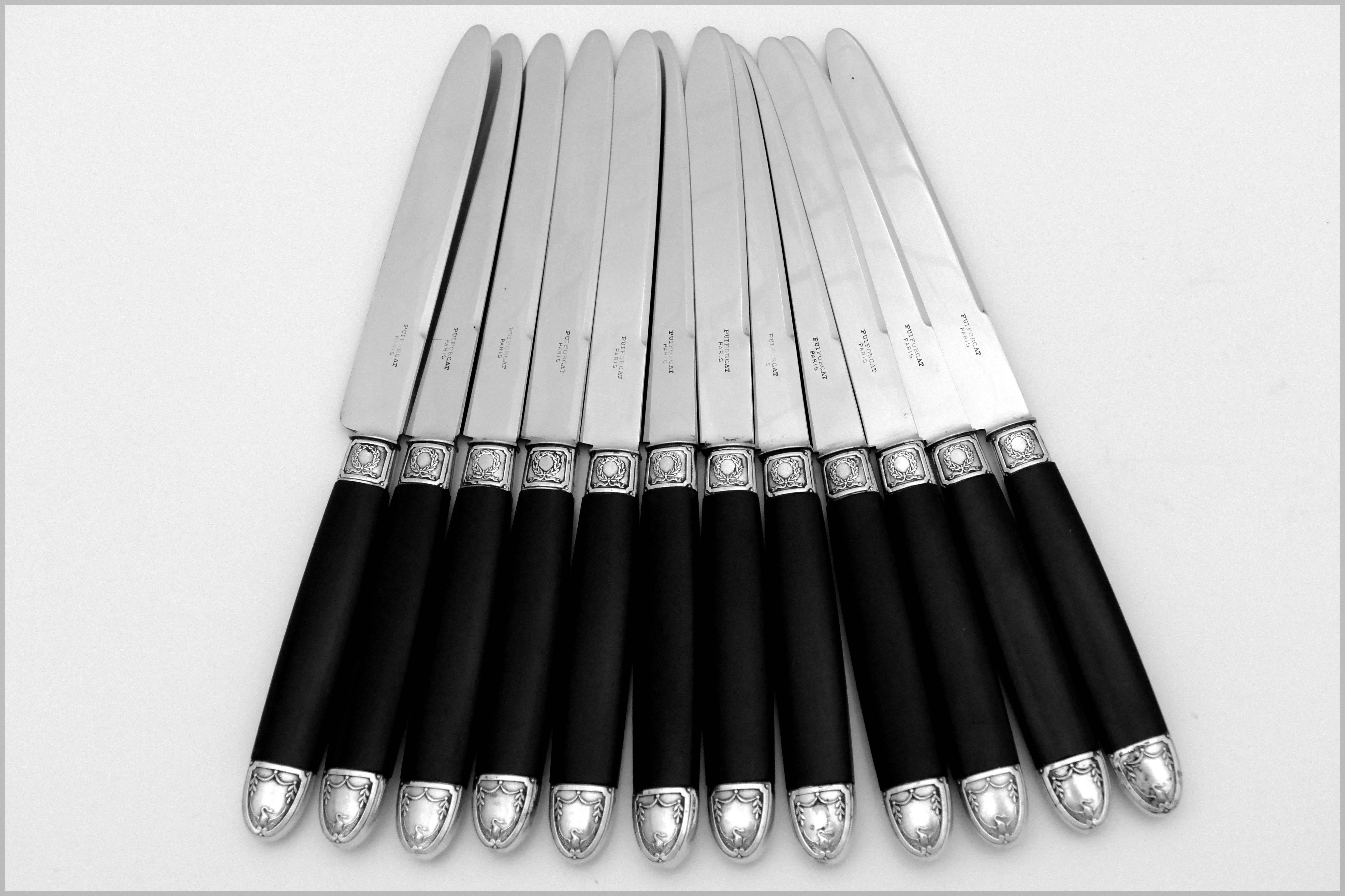 Puiforcat Rare French Sterling Silver Ebony Dinner Knife Set of 12 Pieces, Swans 3