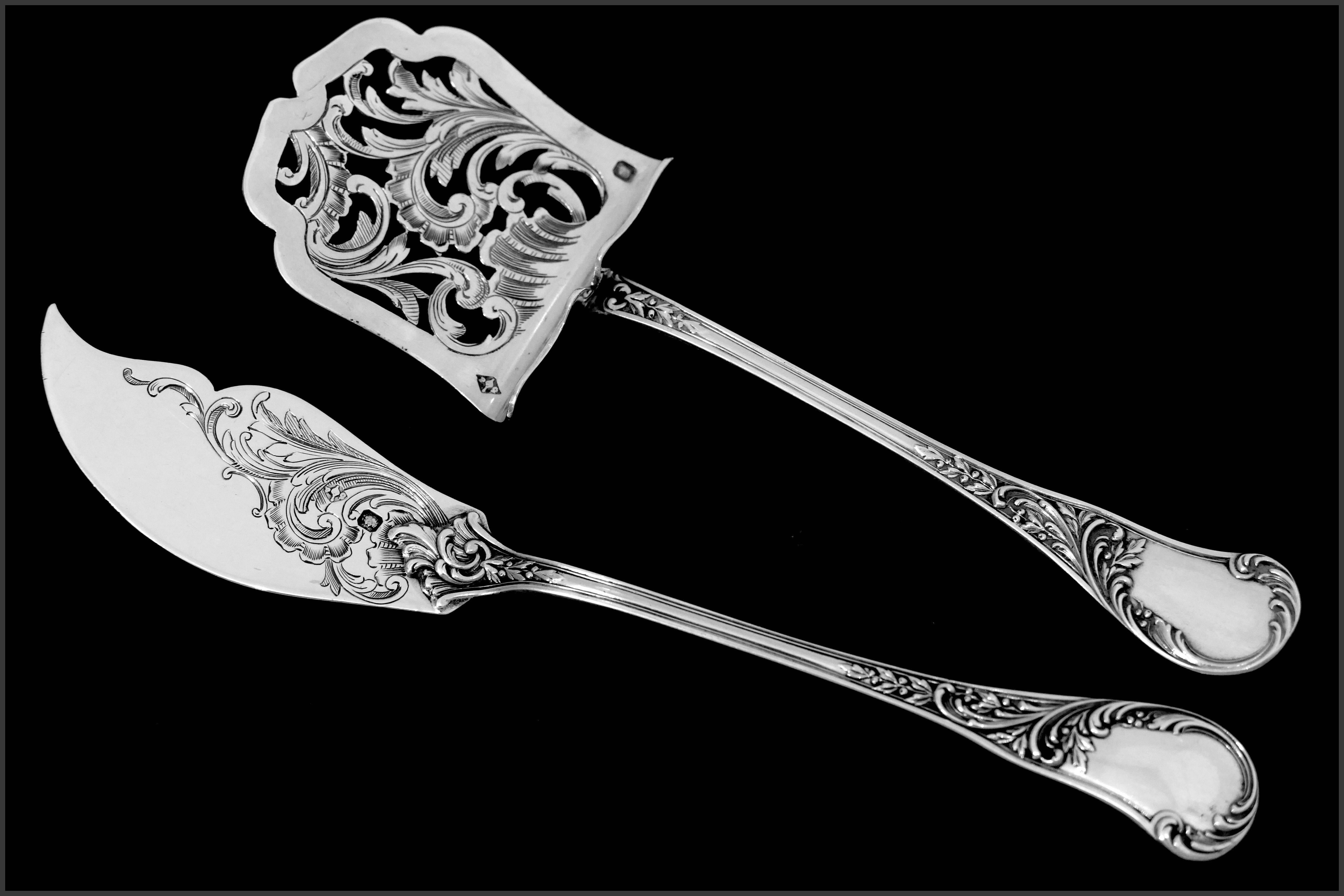 Queille French All Sterling Silver Dessert Hors D'oeuvre Set with Box Rococo For Sale 1