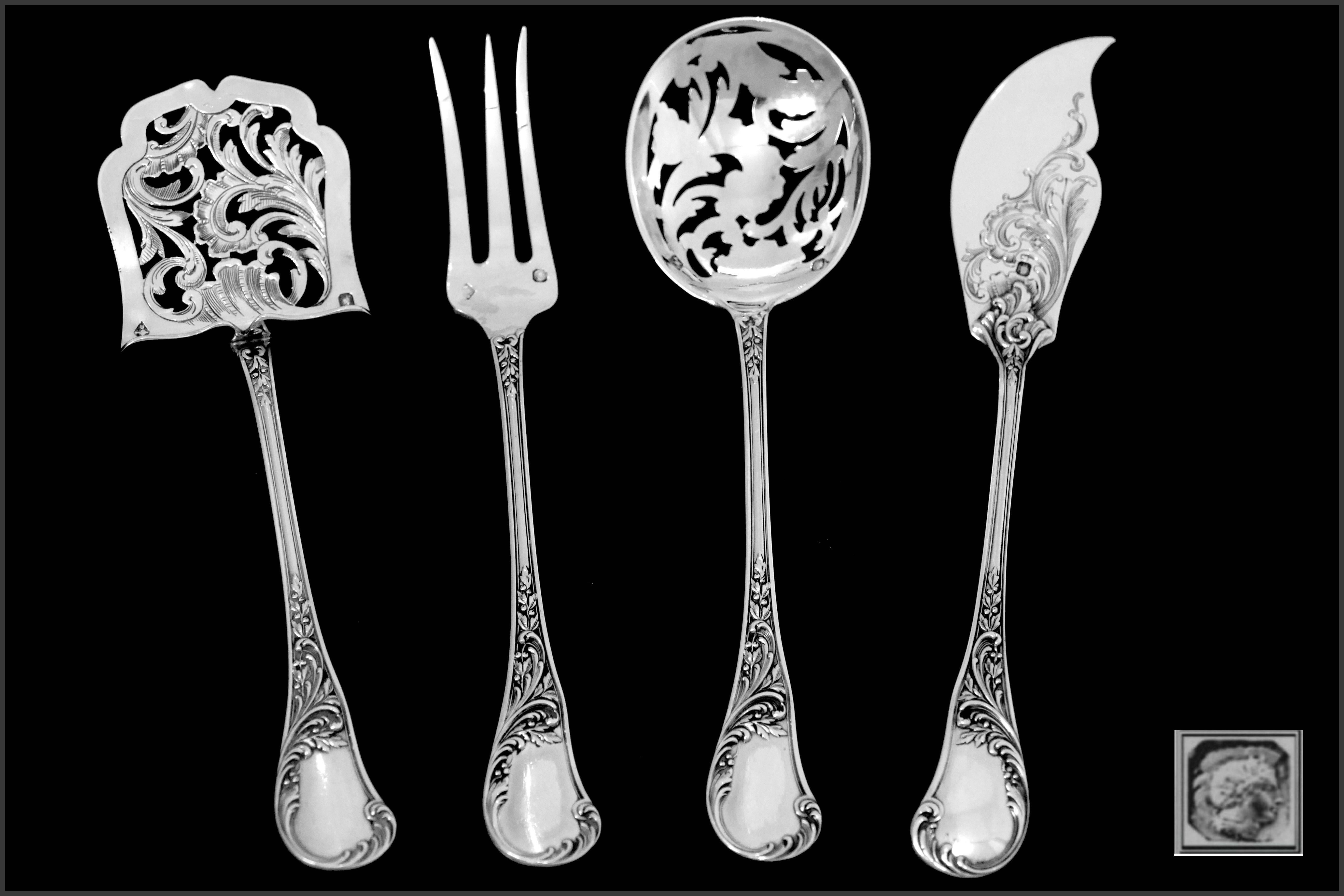 Queille French All Sterling Silver Dessert Hors D'oeuvre Set with Box Rococo For Sale 5