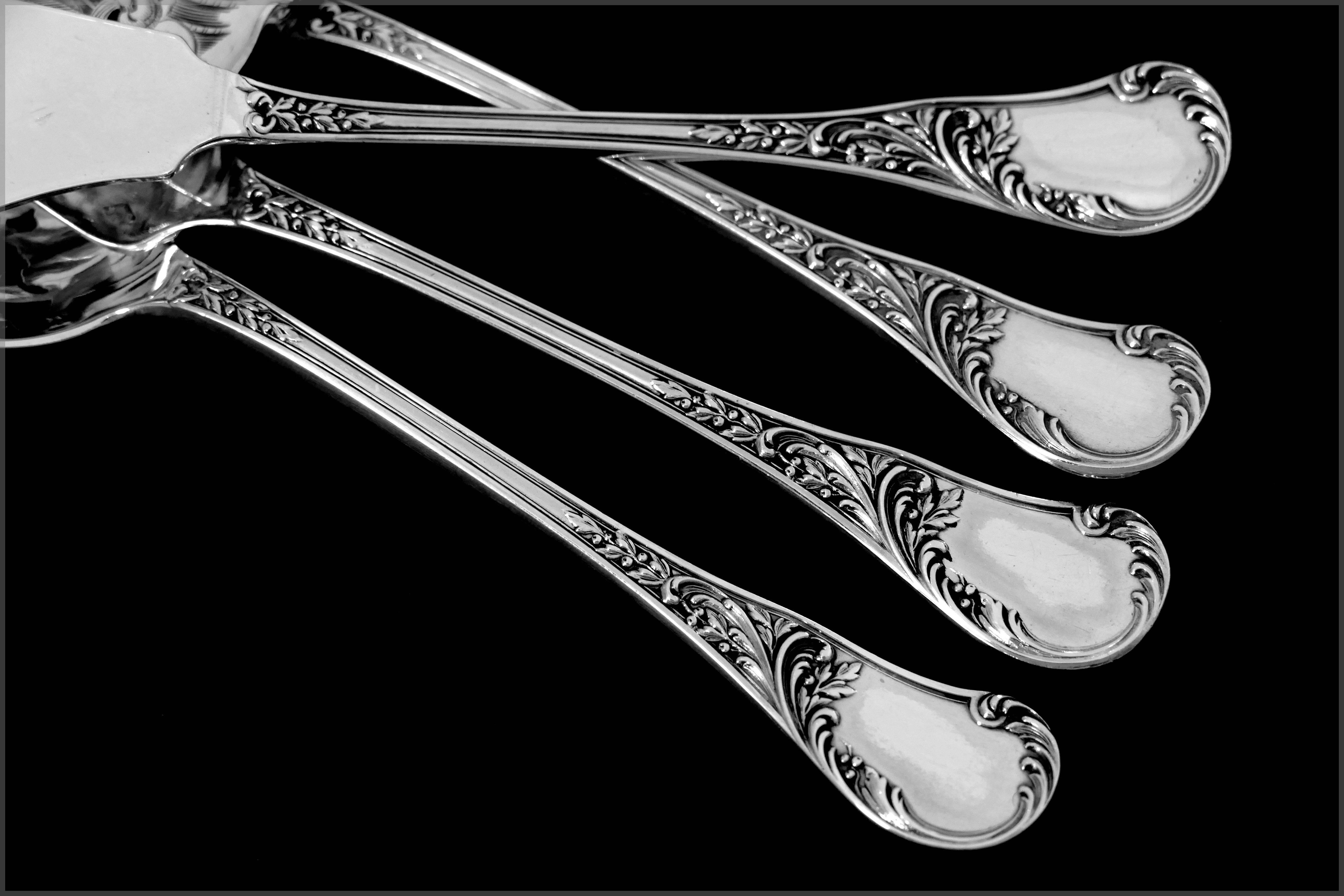 Queille French All Sterling Silver Dessert Hors D'oeuvre Set with Box Rococo For Sale 3