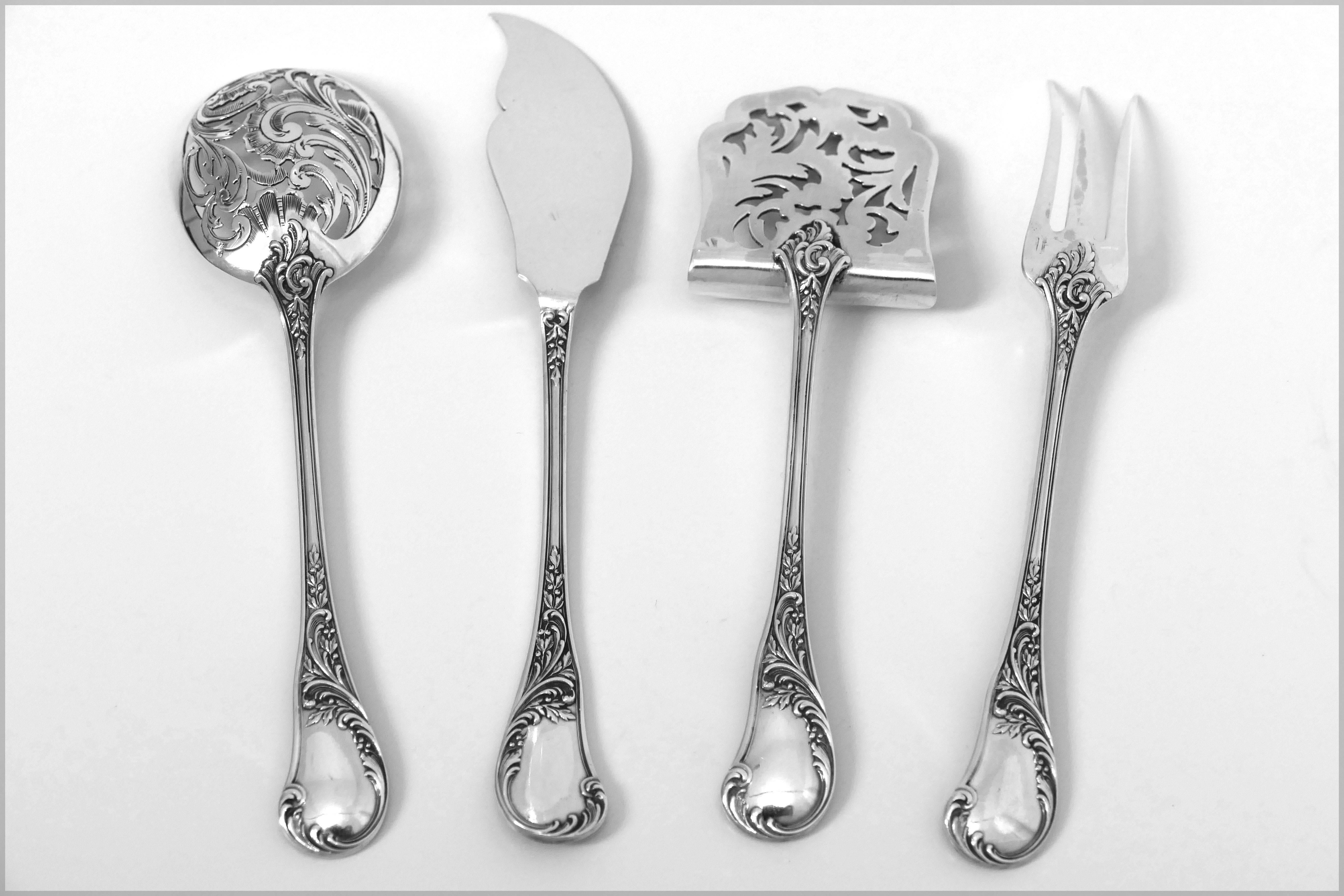 Queille French All Sterling Silver Dessert Hors D'oeuvre Set with Box Rococo For Sale 4