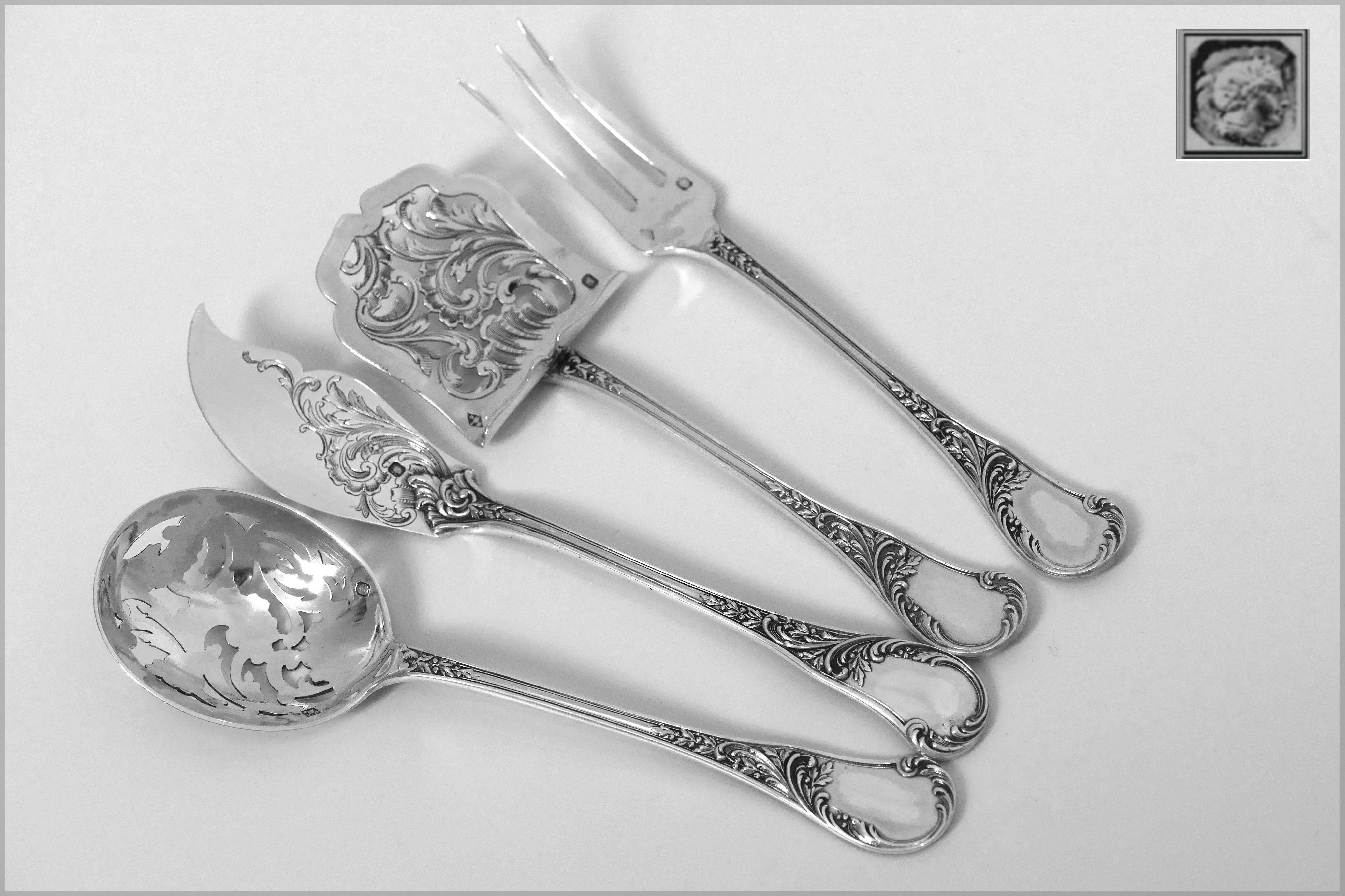 Queille French All Sterling Silver Dessert Hors D'oeuvre Set with Box Rococo For Sale 2