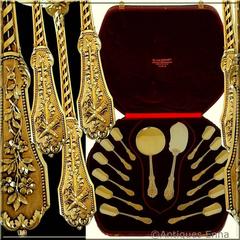 Odiot Rare French All Sterling Silver 18-Karat Gold Ice Cream Set, Box, Torches
