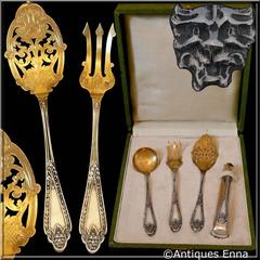 Frenais Rare French All Sterling Silver 18K Gold Dessert Set, Box, Lion's head