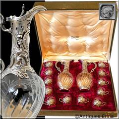 Rare French Sterling Silver 18k Gold Liquor Set 14 Pc, Decanter Pair, Glasses