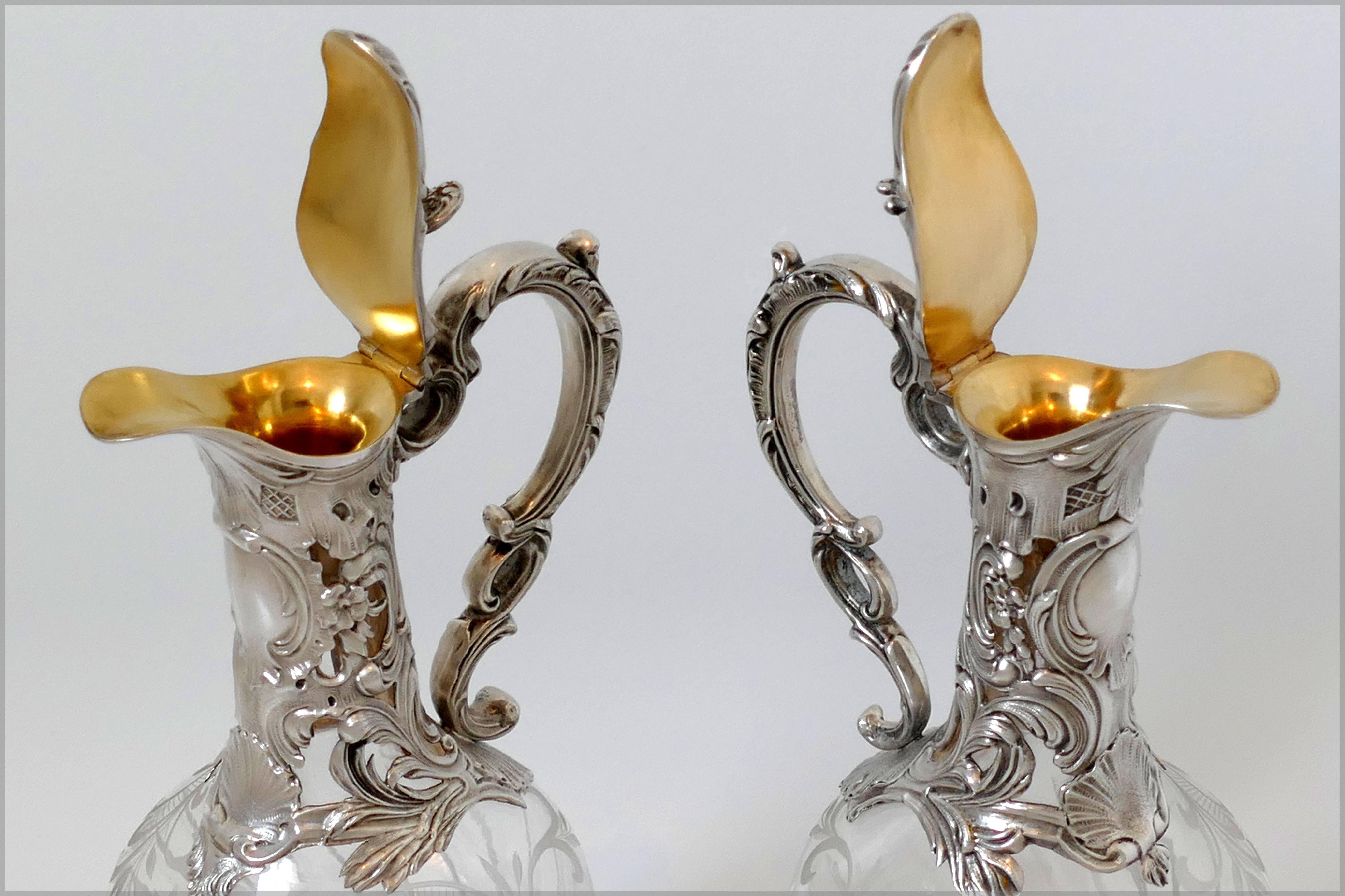 Rococo Rare French Sterling Silver 18k Gold Liquor Set 14 Pc, Decanter Pair, Glasses For Sale