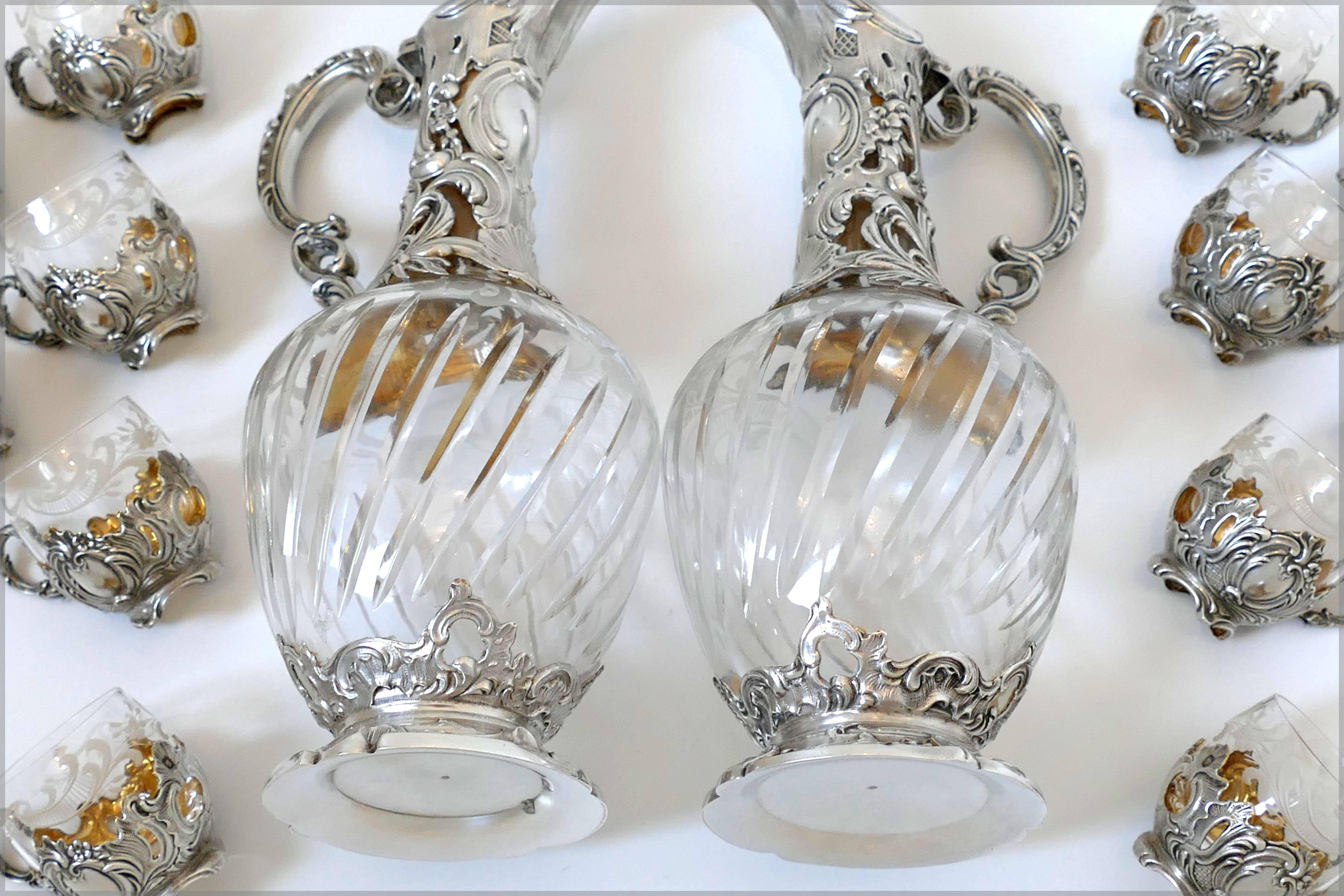 Late 19th Century Rare French Sterling Silver 18k Gold Liquor Set 14 Pc, Decanter Pair, Glasses For Sale