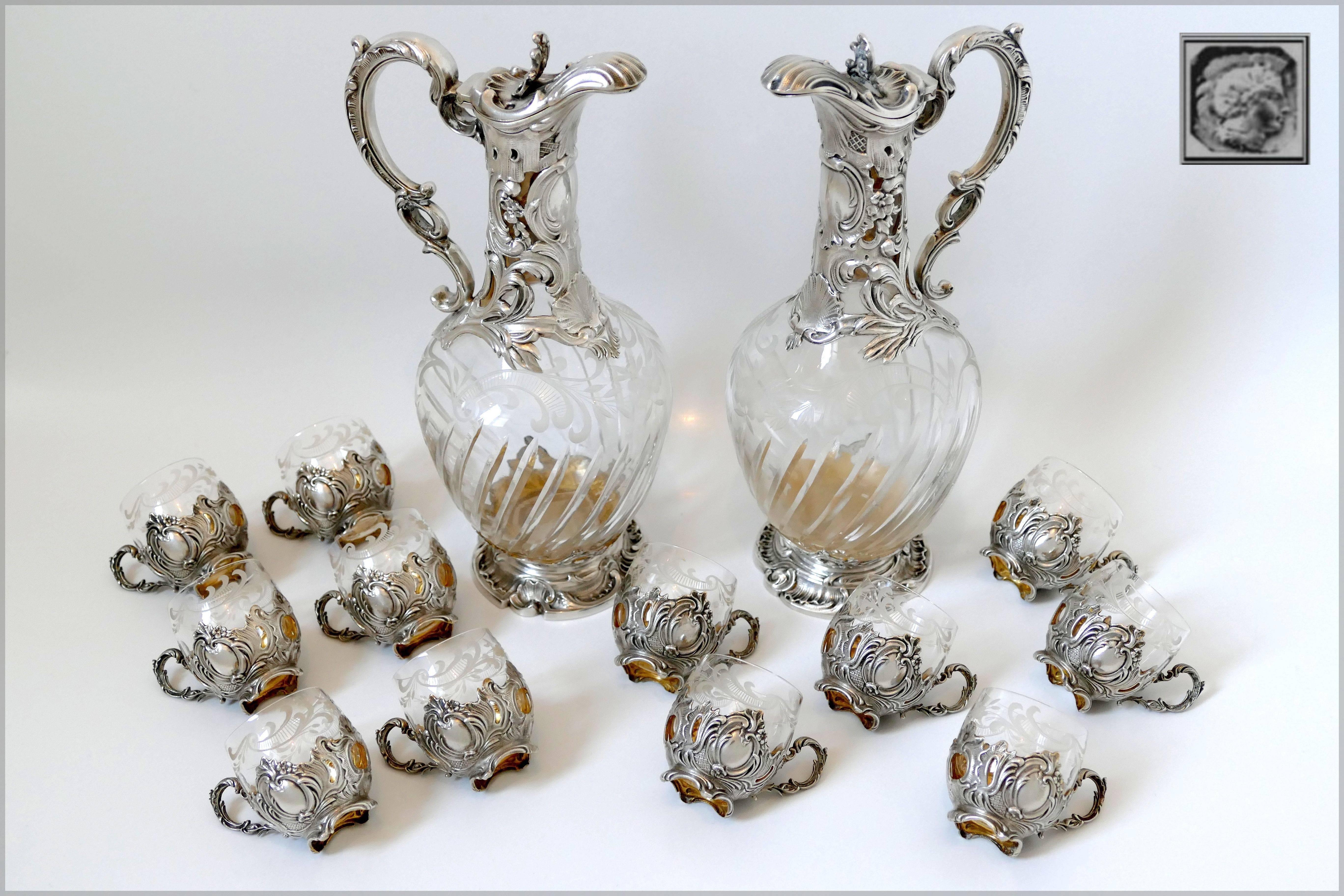 Rare French Sterling Silver 18k Gold Liquor Set 14 Pc, Decanter Pair, Glasses For Sale 2