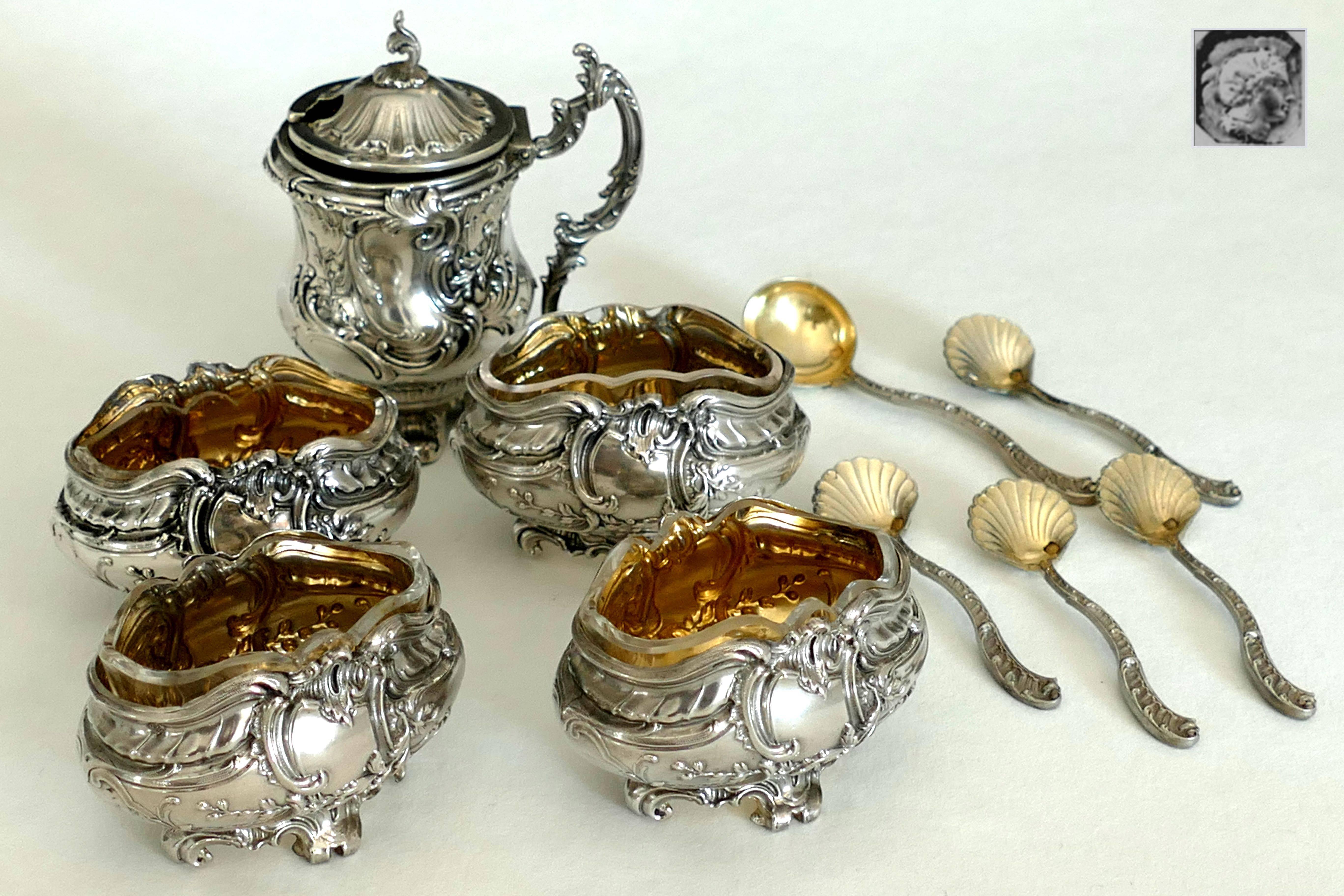 Rococo Rare French Sterling Silver 18k Gold Condiment Set, Salt Cellars, Mustard Pot