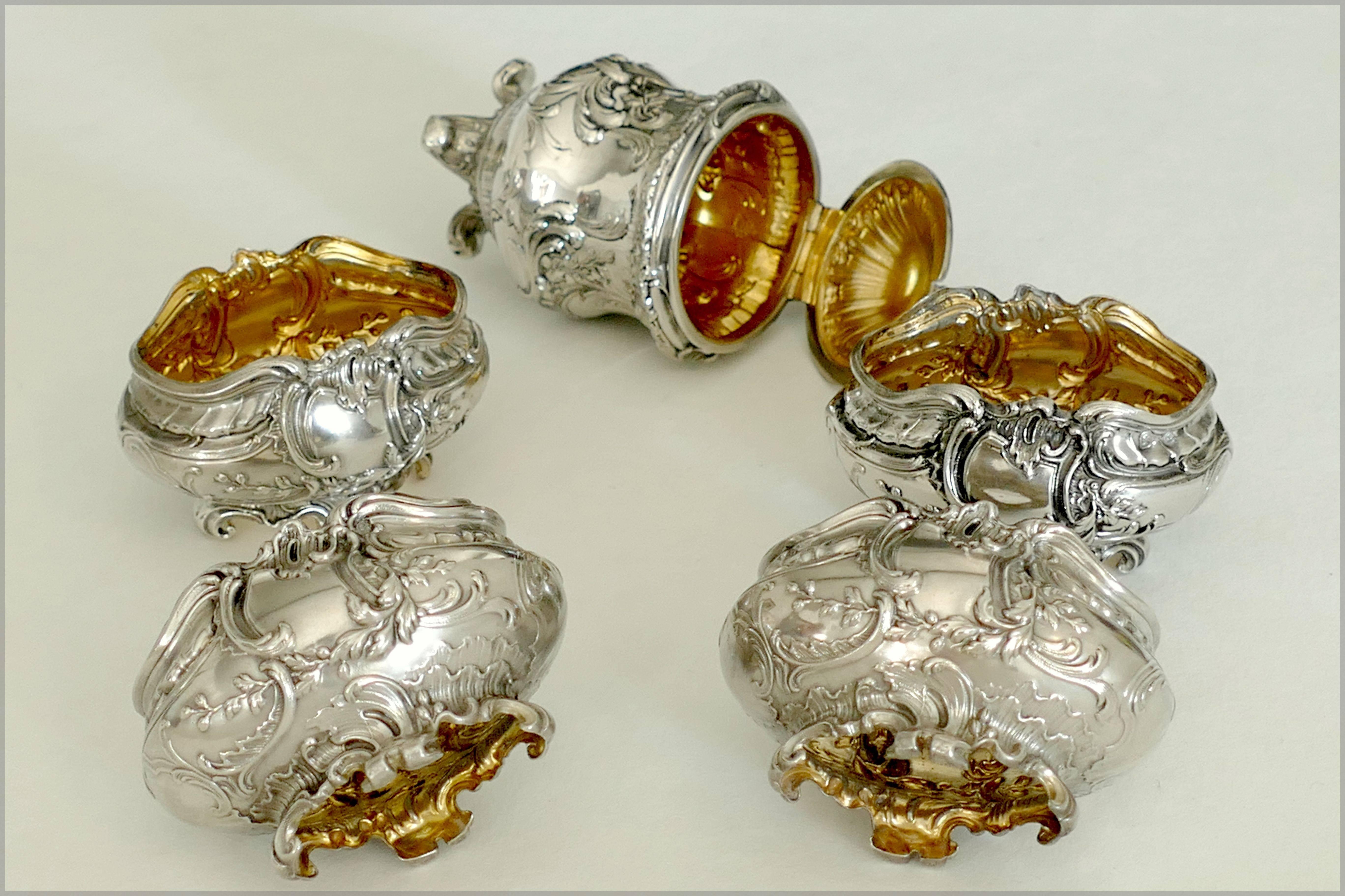 Rare French Sterling Silver 18k Gold Condiment Set, Salt Cellars, Mustard Pot In Excellent Condition In TRIAIZE, PAYS DE LOIRE