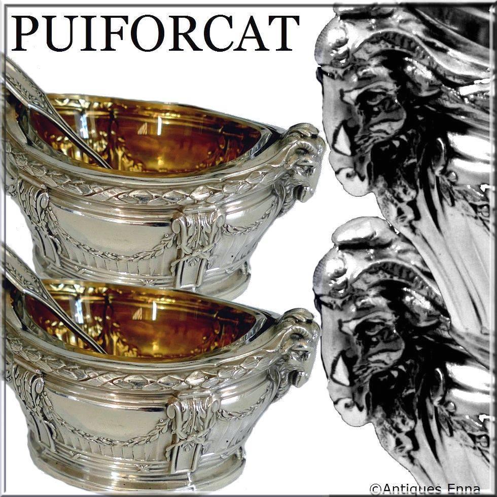 Puiforcat masterpiece French sterling silver gold salt cellars pair, ram's head.

Fabulous antique 19th century French sterling silver salt cellars pair with spoons. A set of truly exceptional quality, for the richness of his decoration for his