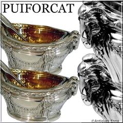 Puiforcat Masterpiece French Sterling Silver Gold Salt Cellars Pair, Ram's Head