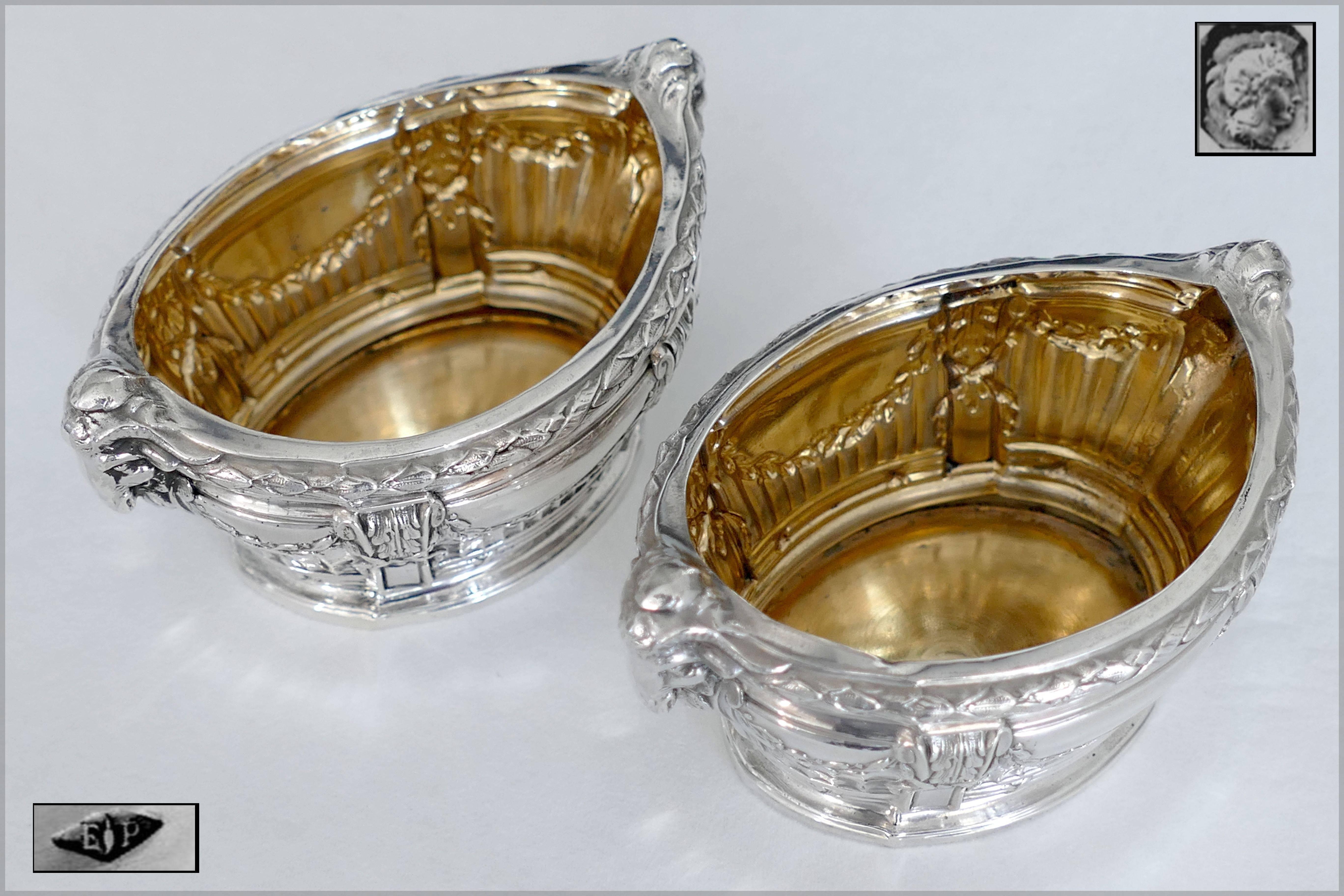 Late 19th Century Puiforcat Masterpiece French Sterling Silver Gold Salt Cellars Pair, Ram's Head