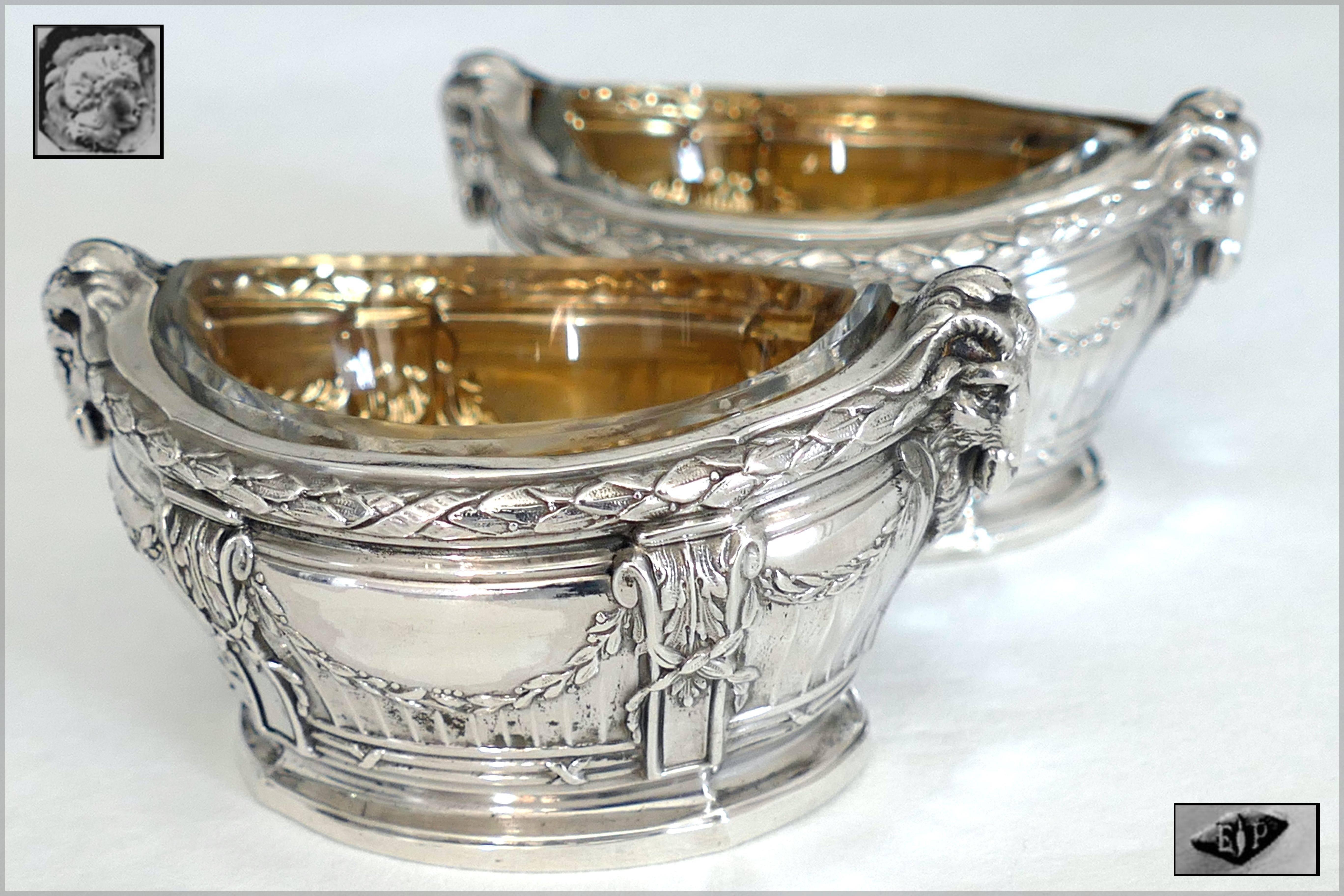 Neoclassical Puiforcat Masterpiece French Sterling Silver Gold Salt Cellars Pair, Ram's Head