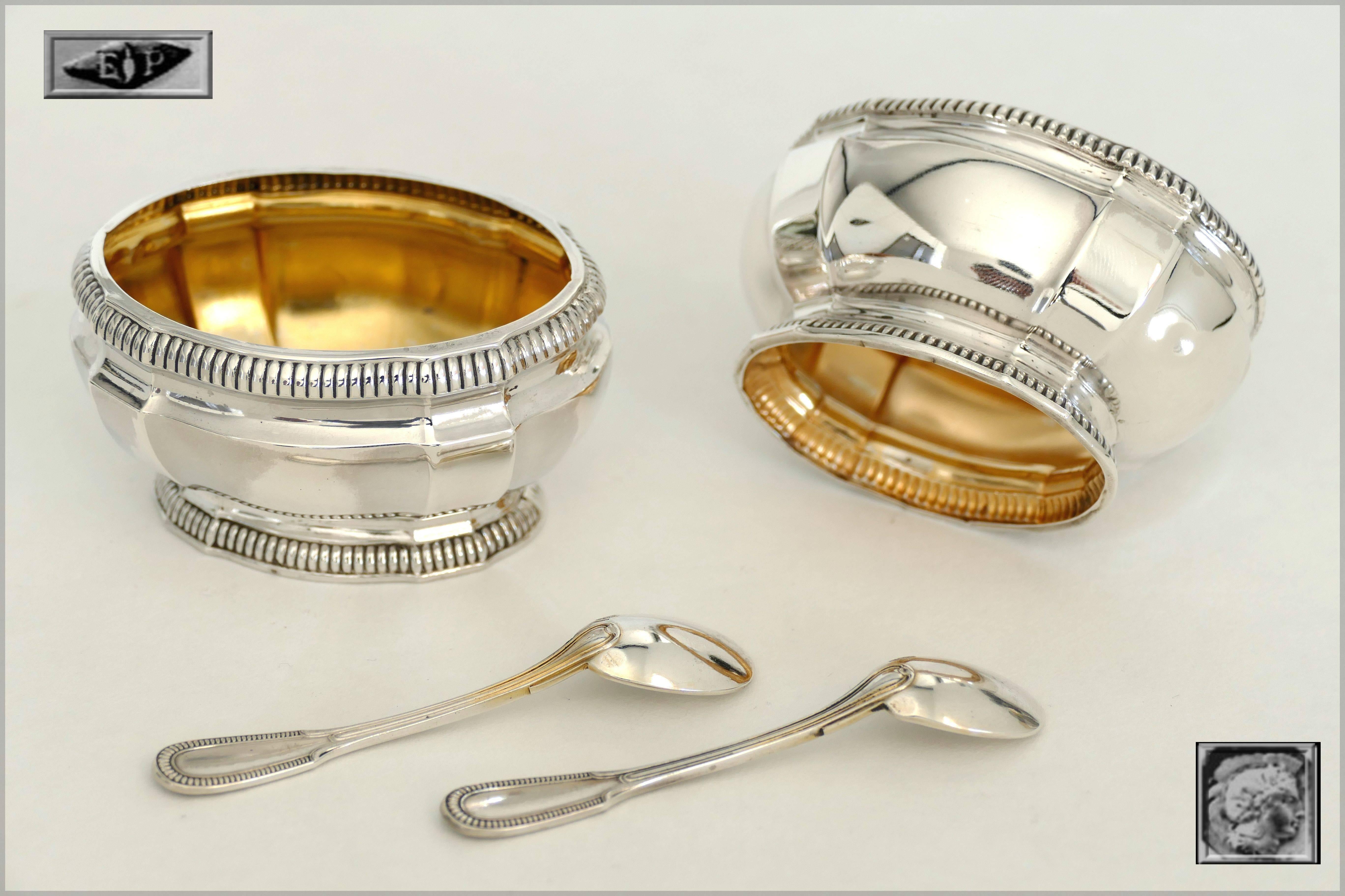 Late 19th Century Puiforcat French Sterling Silver Gold 18-Karat Salt Cellars Pair with Spoons